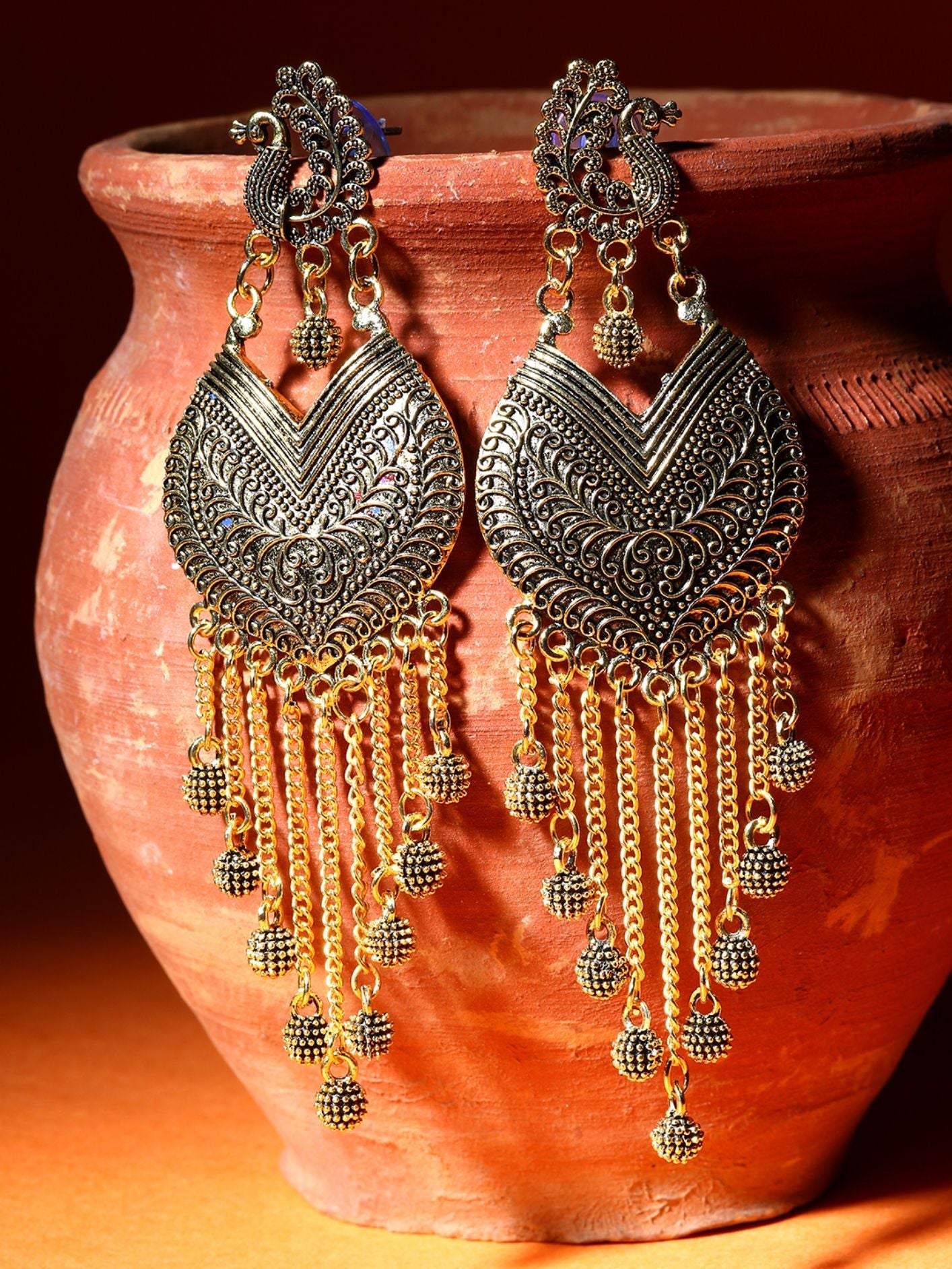 Women's Black & Gold-Plated Enamelled Peacock Shaped Drop Earrings