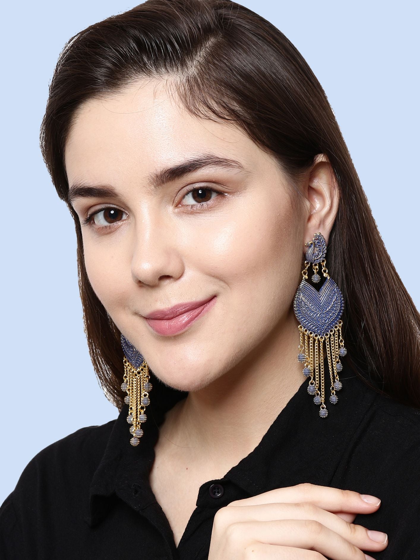 Women's Blue & Gold-Plated Enamelled Peacock Shaped Drop Earrings