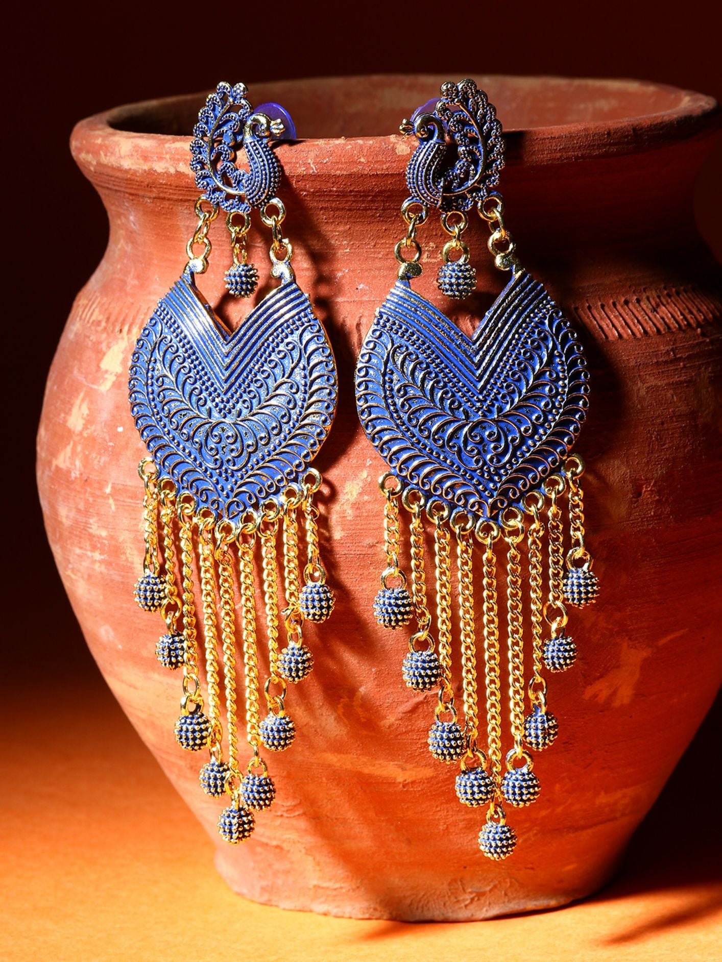 Women's Blue & Gold-Plated Enamelled Peacock Shaped Drop Earrings