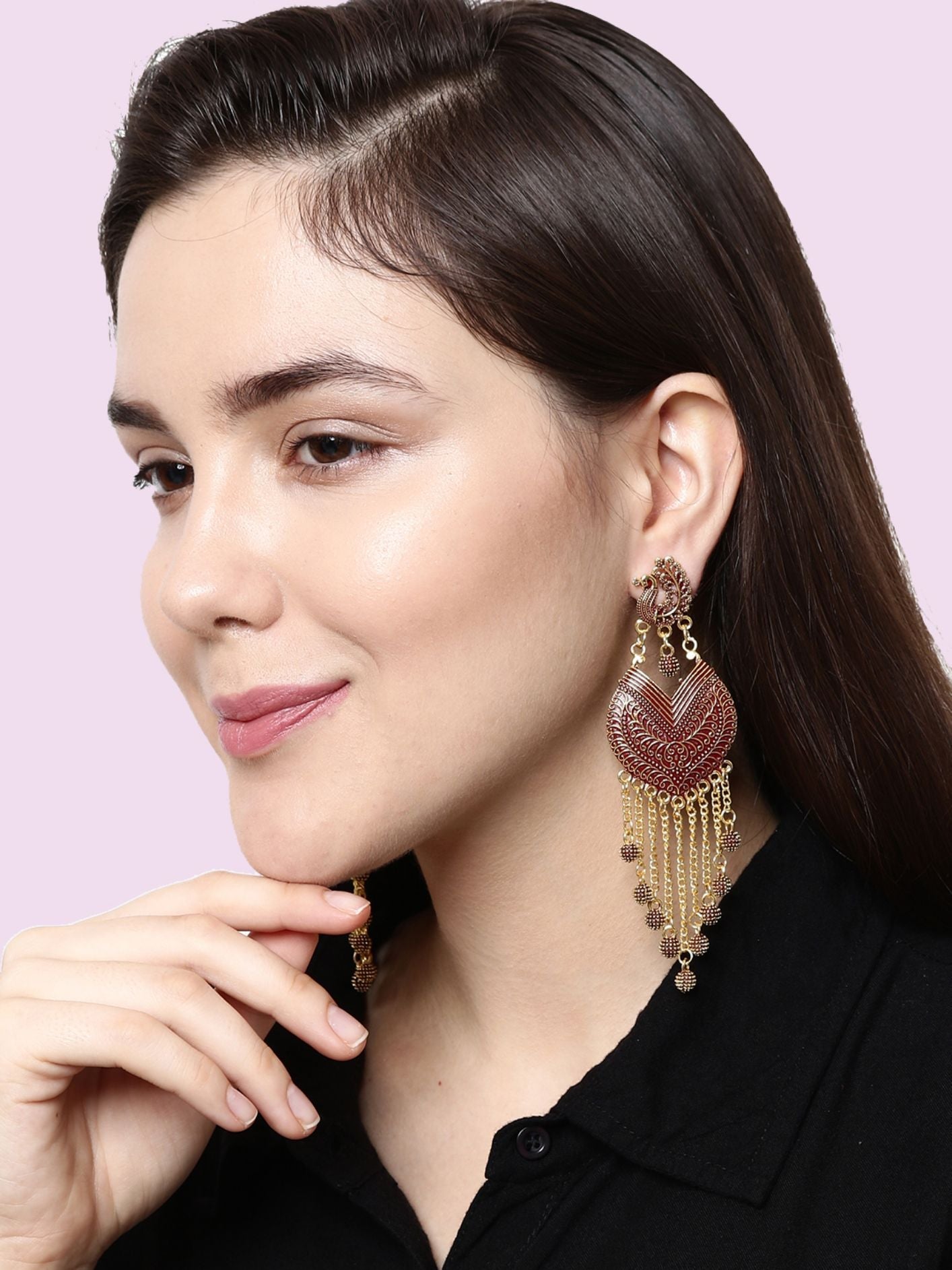 Women's Maroon & Gold-Plated Enamelled Peacock Shaped Drop Earrings