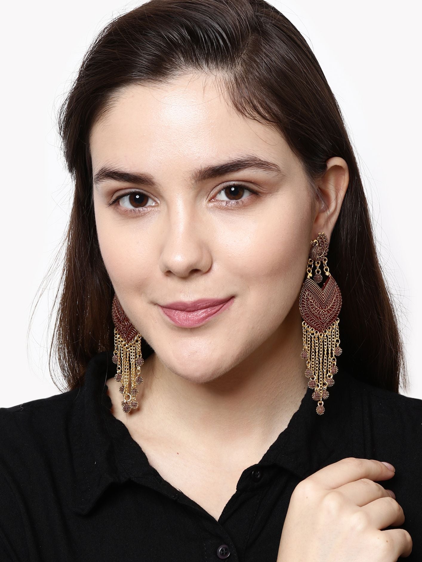 Women's Maroon & Gold-Plated Enamelled Peacock Shaped Drop Earrings