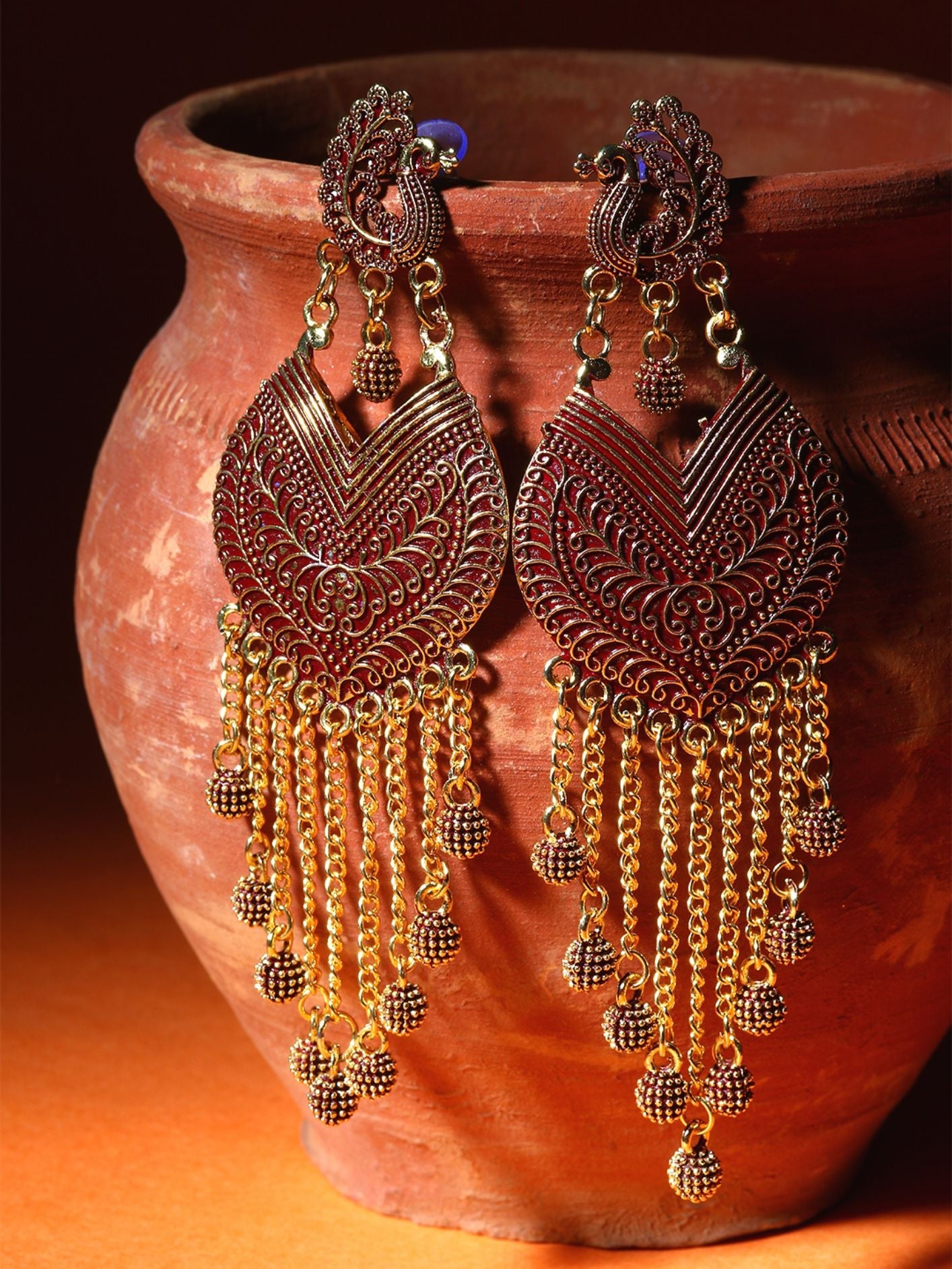 Women's Maroon & Gold-Plated Enamelled Peacock Shaped Drop Earrings