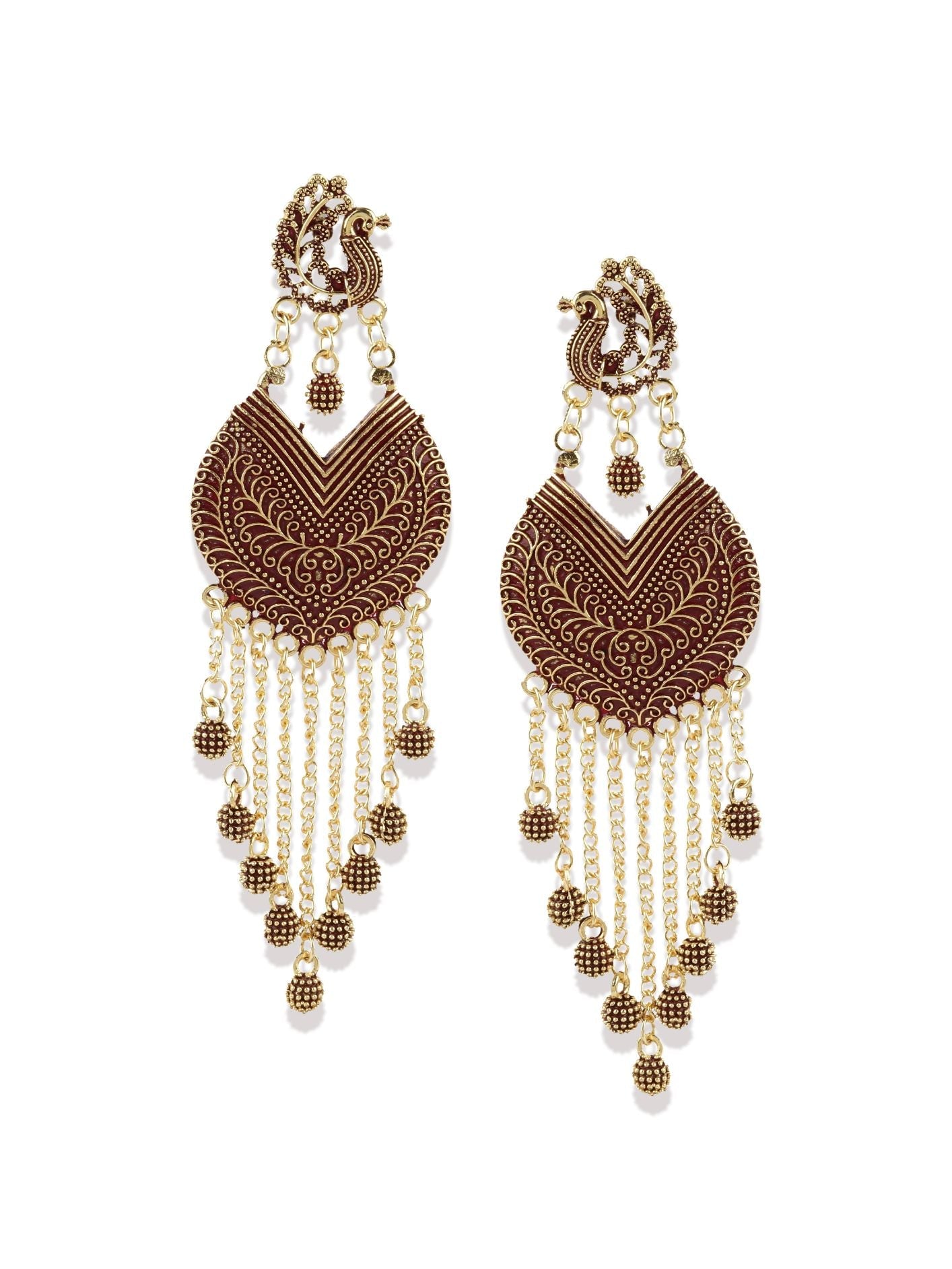 Women's Maroon & Gold-Plated Enamelled Peacock Shaped Drop Earrings
