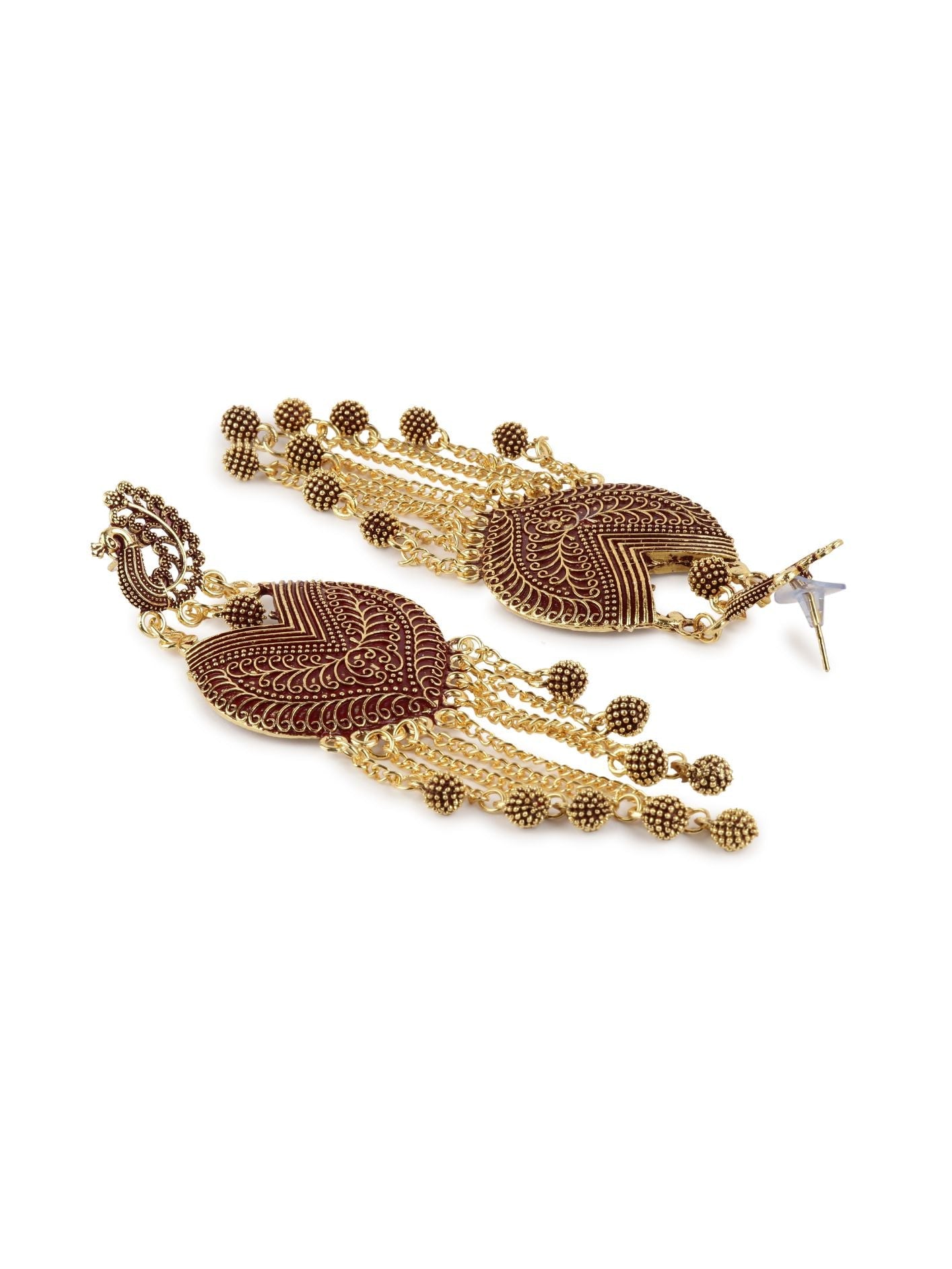 Women's Maroon & Gold-Plated Enamelled Peacock Shaped Drop Earrings