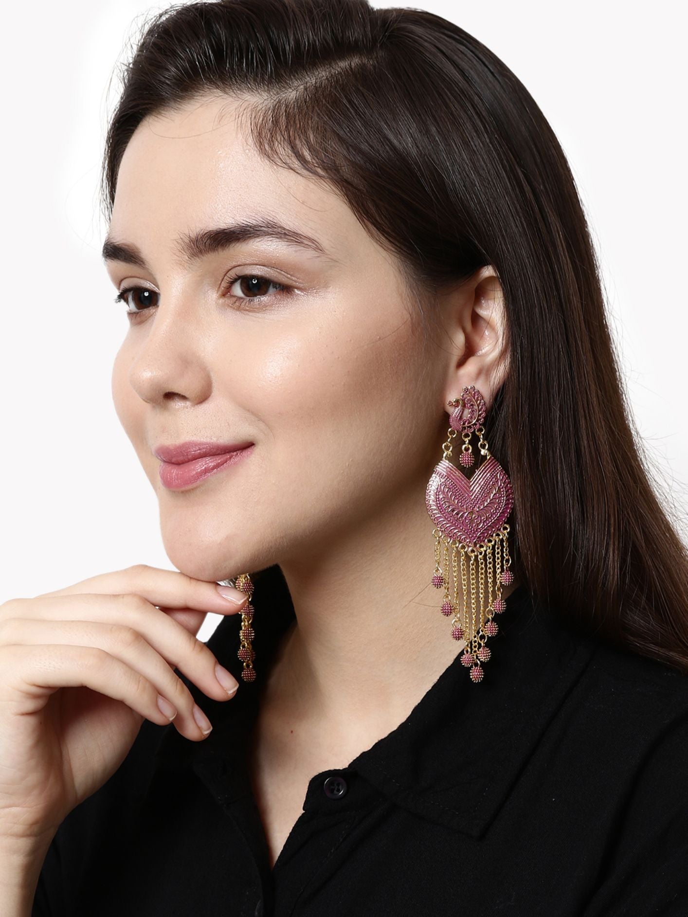 Women's Pink & Gold-Plated Enamelled Peacock Shaped Drop Earrings