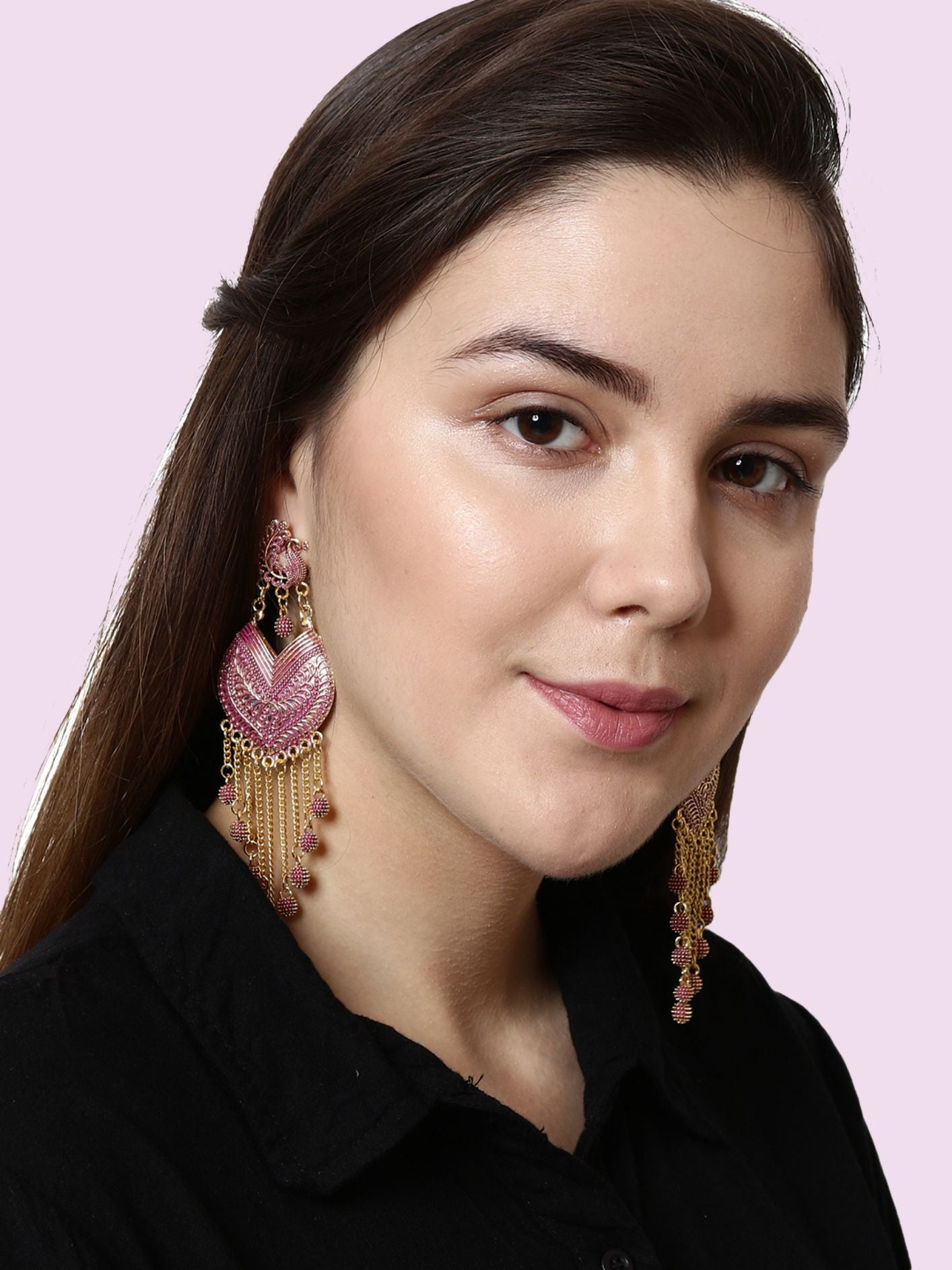 Women's Pink & Gold-Plated Enamelled Peacock Shaped Drop Earrings - Anikas Creation