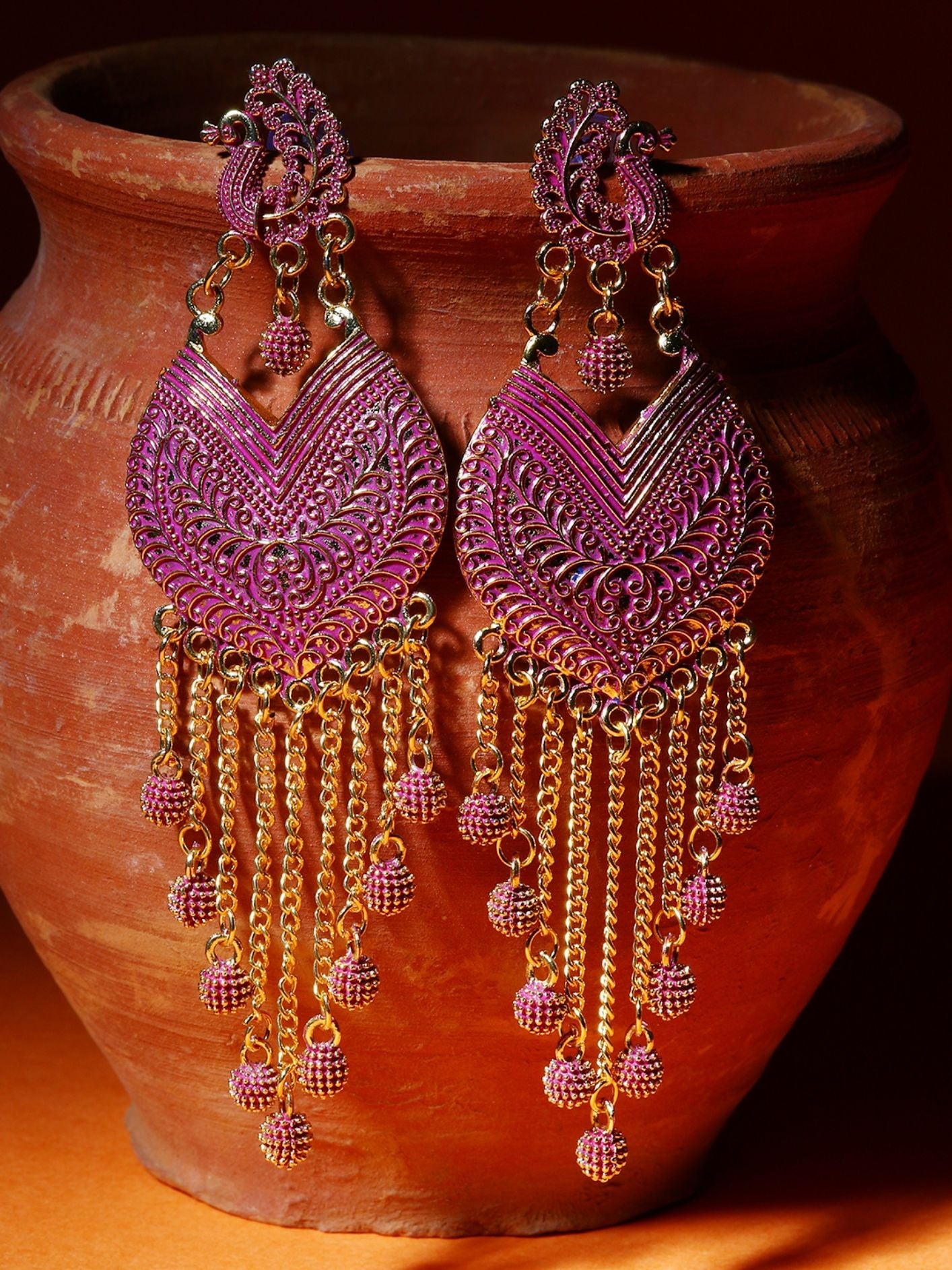 Women's Pink & Gold-Plated Enamelled Peacock Shaped Drop Earrings