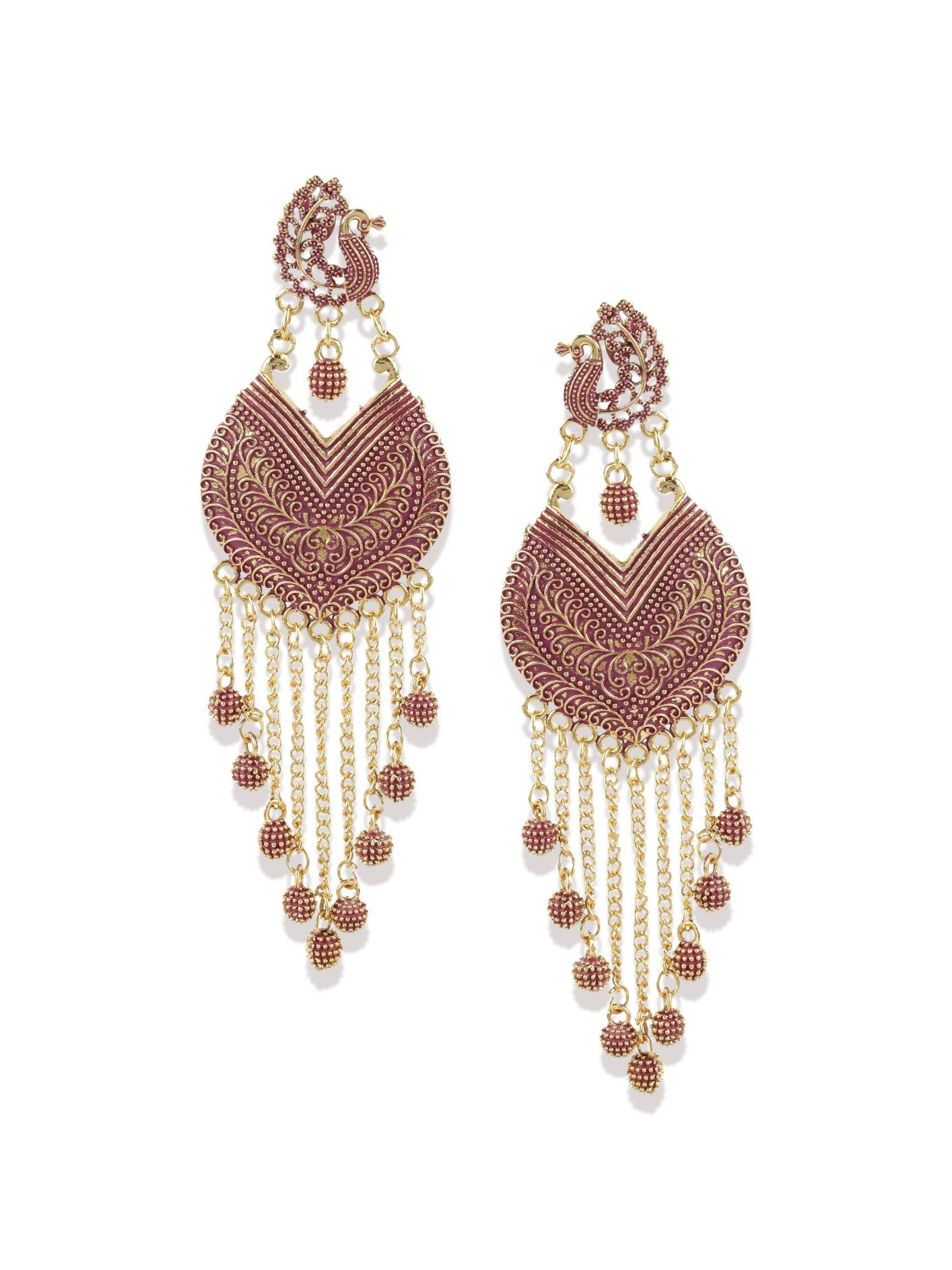 Women's Pink & Gold-Plated Enamelled Peacock Shaped Drop Earrings