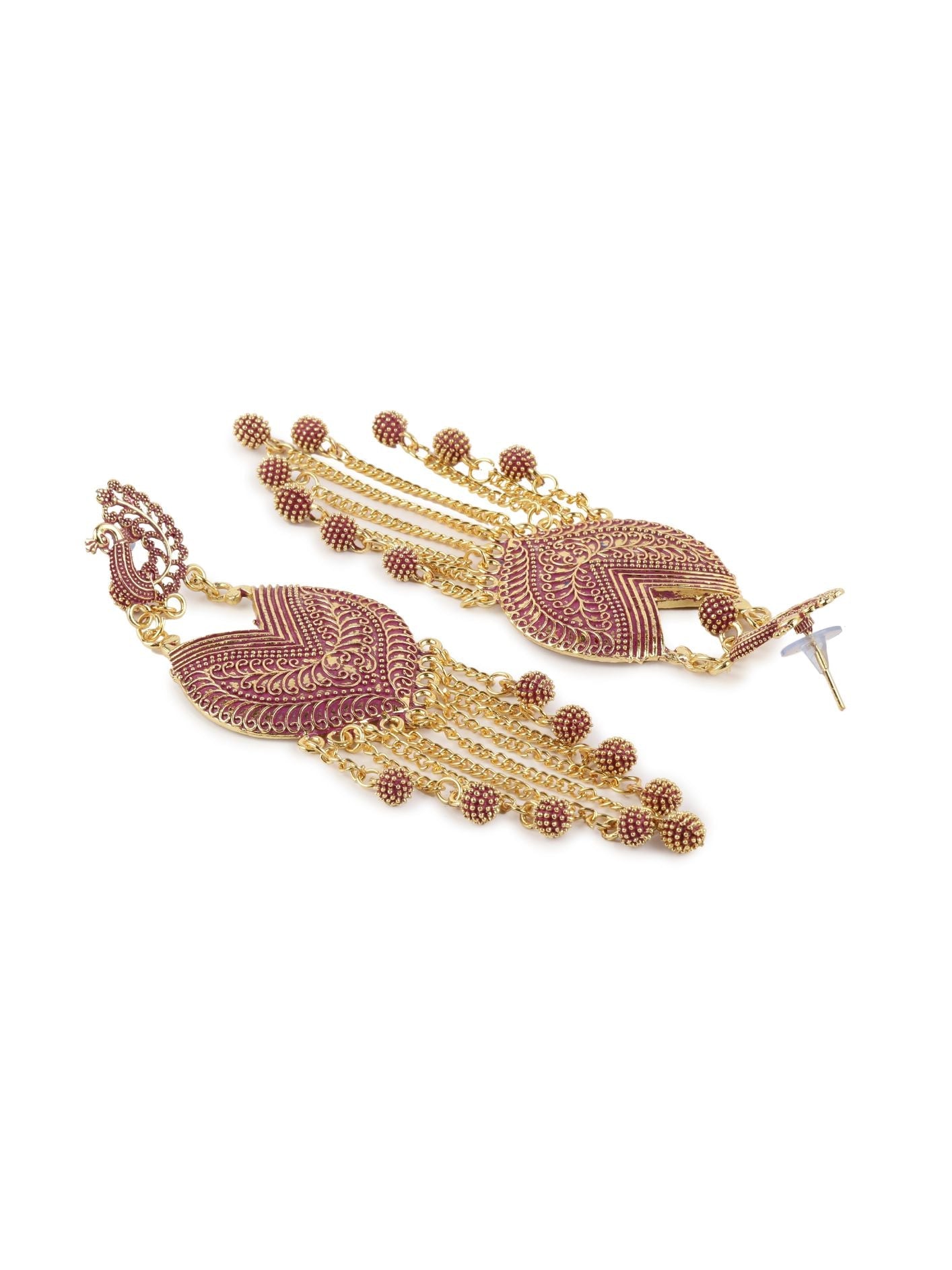 Women's Pink & Gold-Plated Enamelled Peacock Shaped Drop Earrings