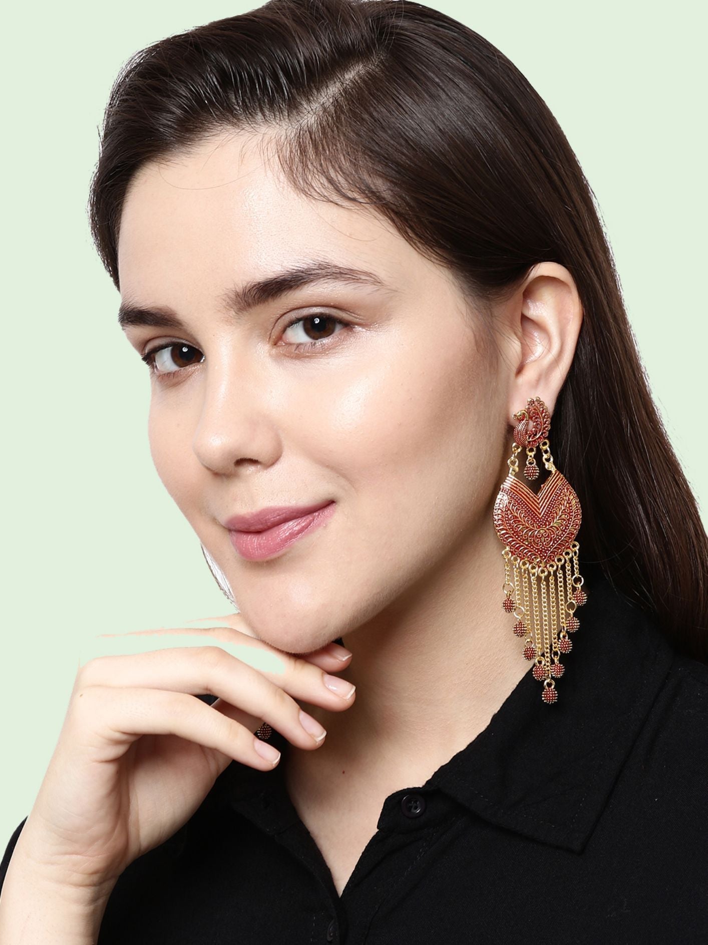 Women's Red & Gold-Plated Enamelled Peacock Shaped Drop Earrings