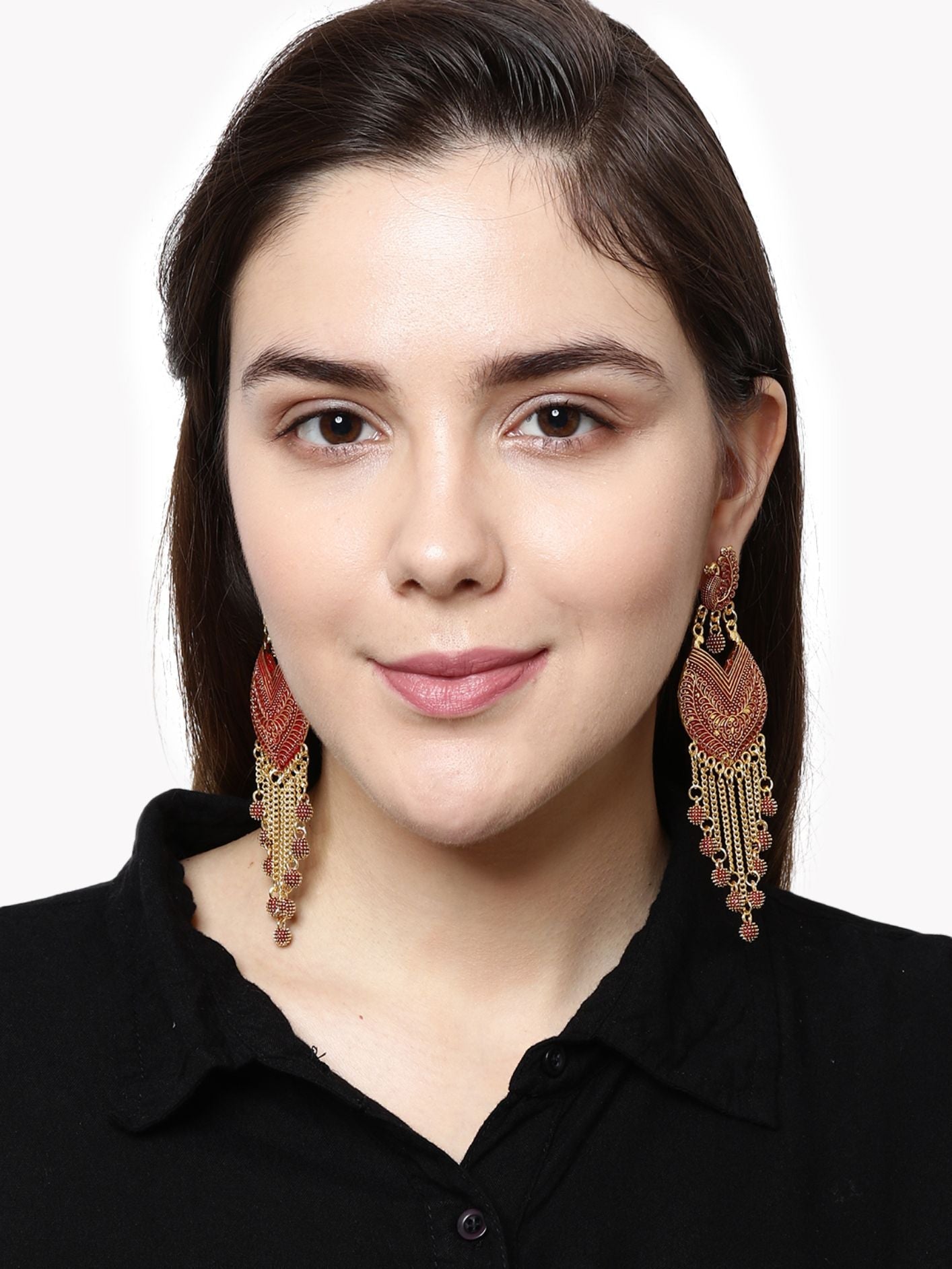 Women's Red & Gold-Plated Enamelled Peacock Shaped Drop Earrings