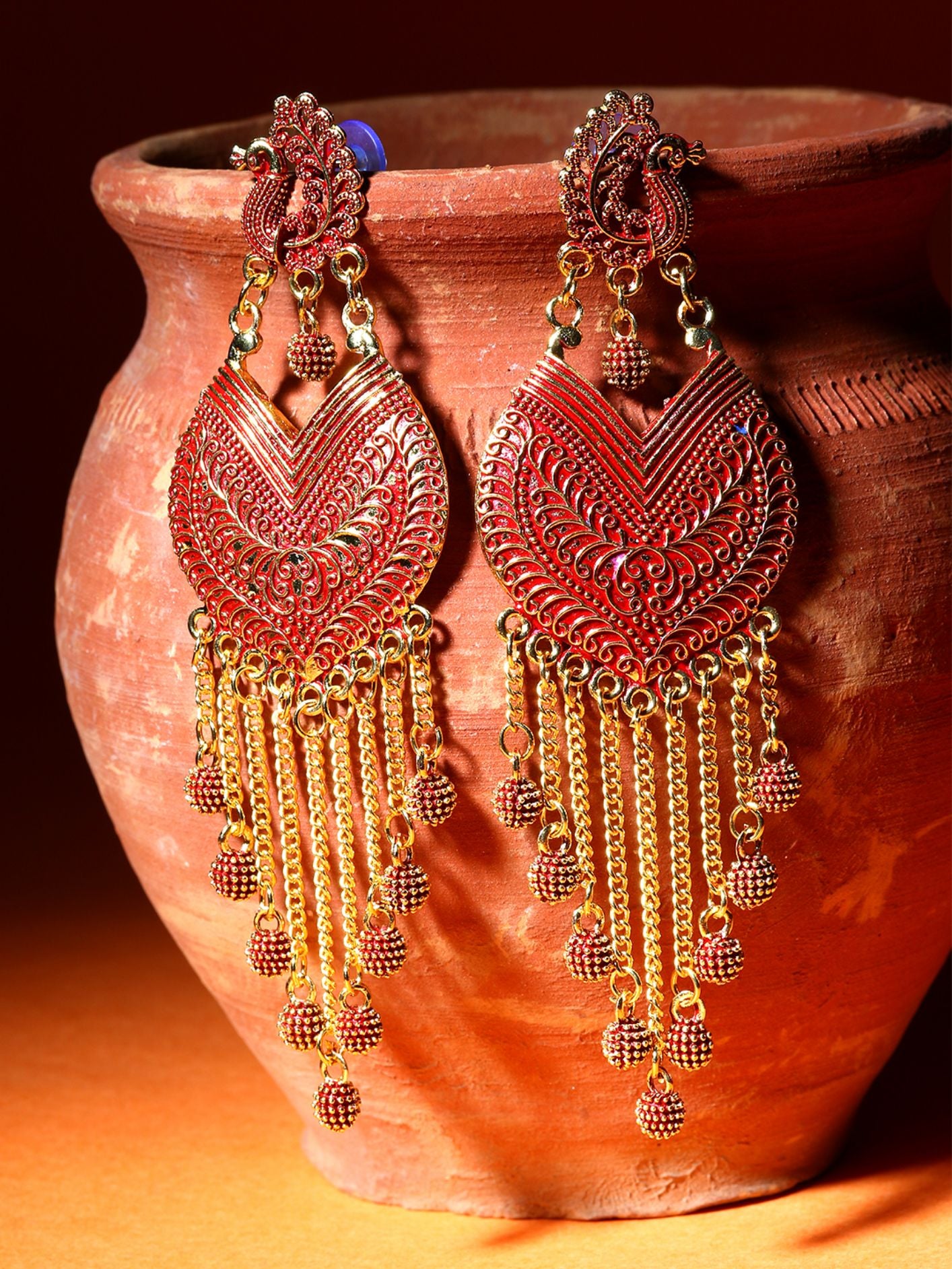 Women's Red & Gold-Plated Enamelled Peacock Shaped Drop Earrings - Anikas Creation