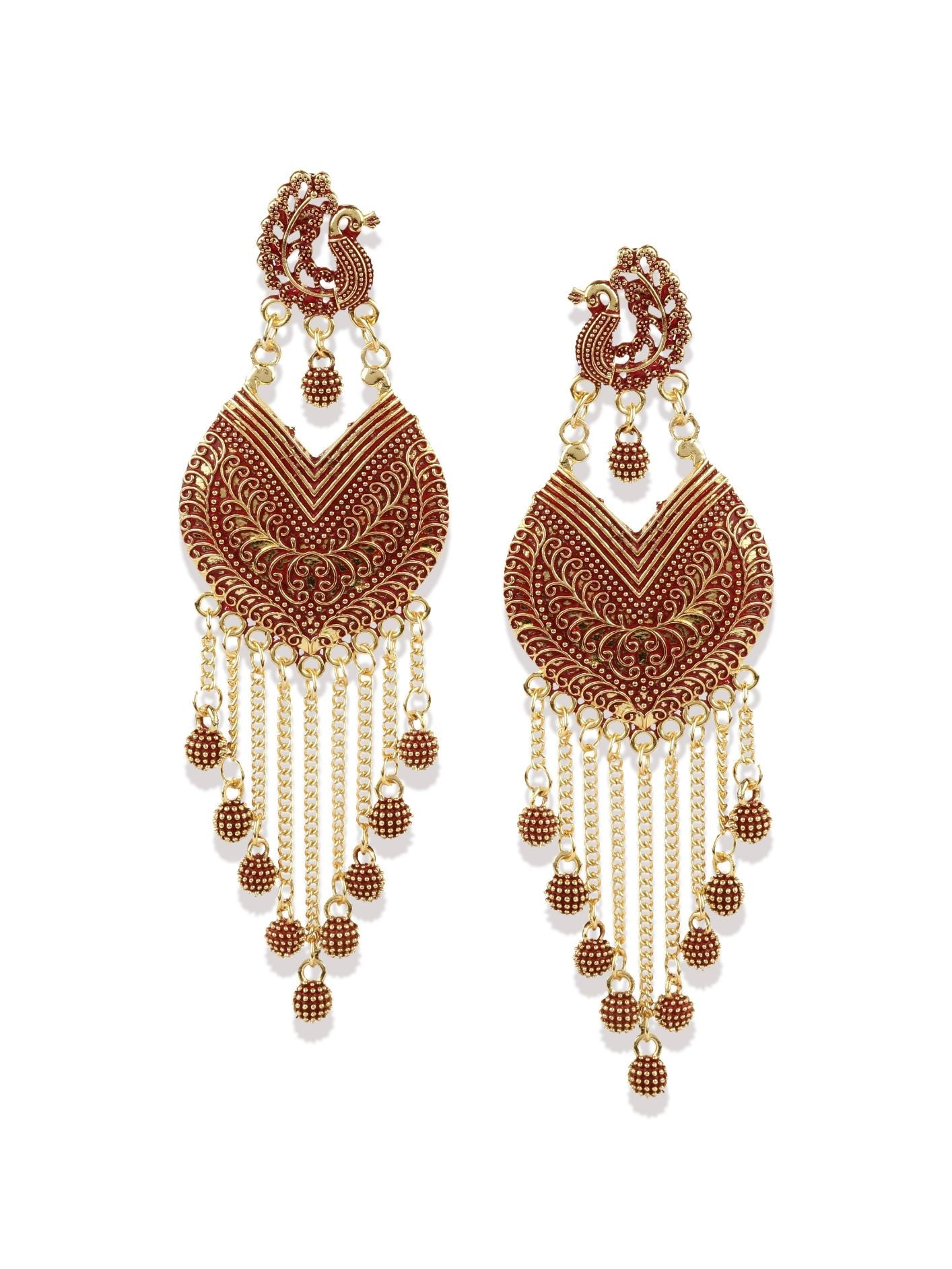 Women's Red & Gold-Plated Enamelled Peacock Shaped Drop Earrings