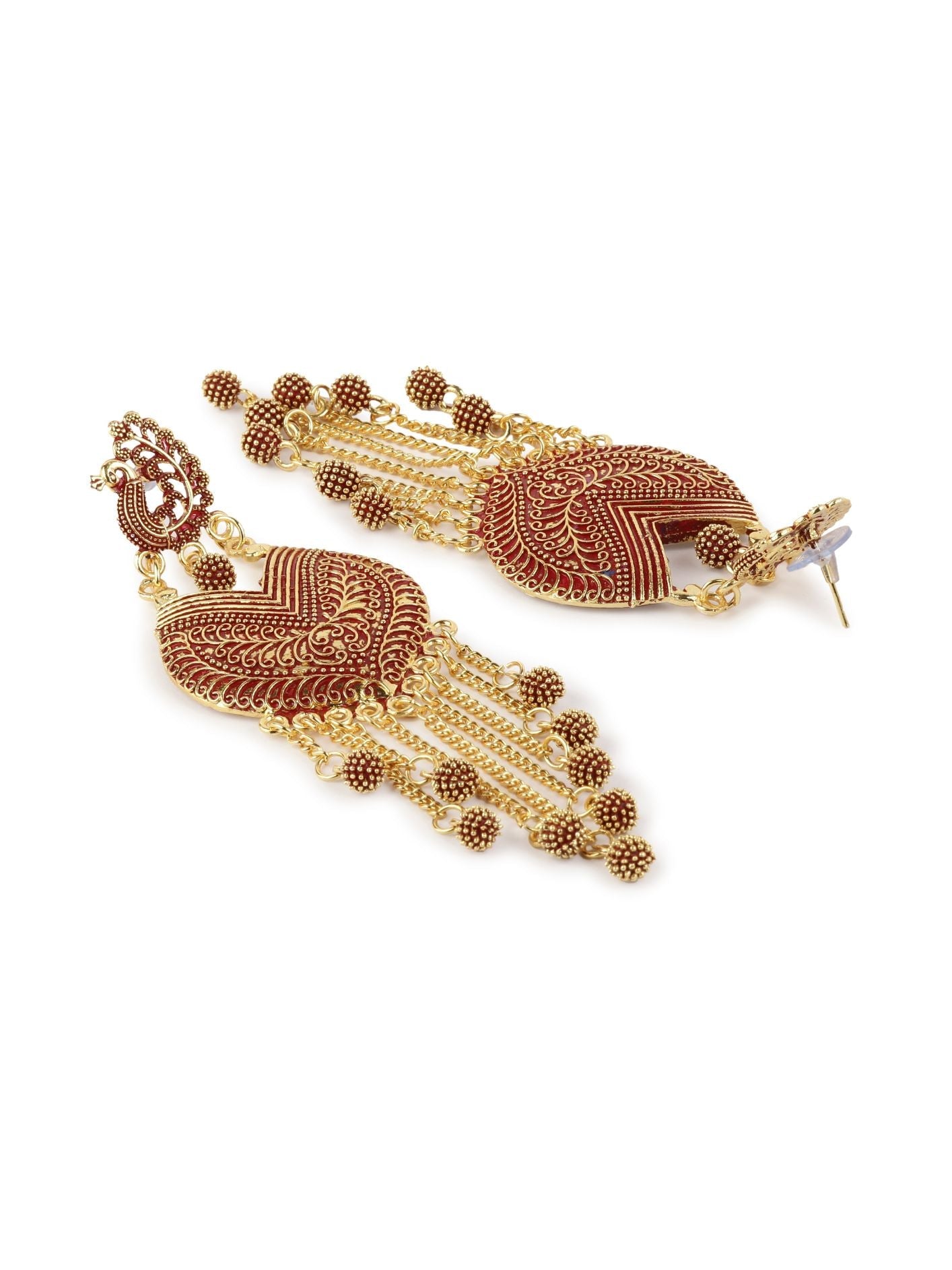 Women's Red & Gold-Plated Enamelled Peacock Shaped Drop Earrings