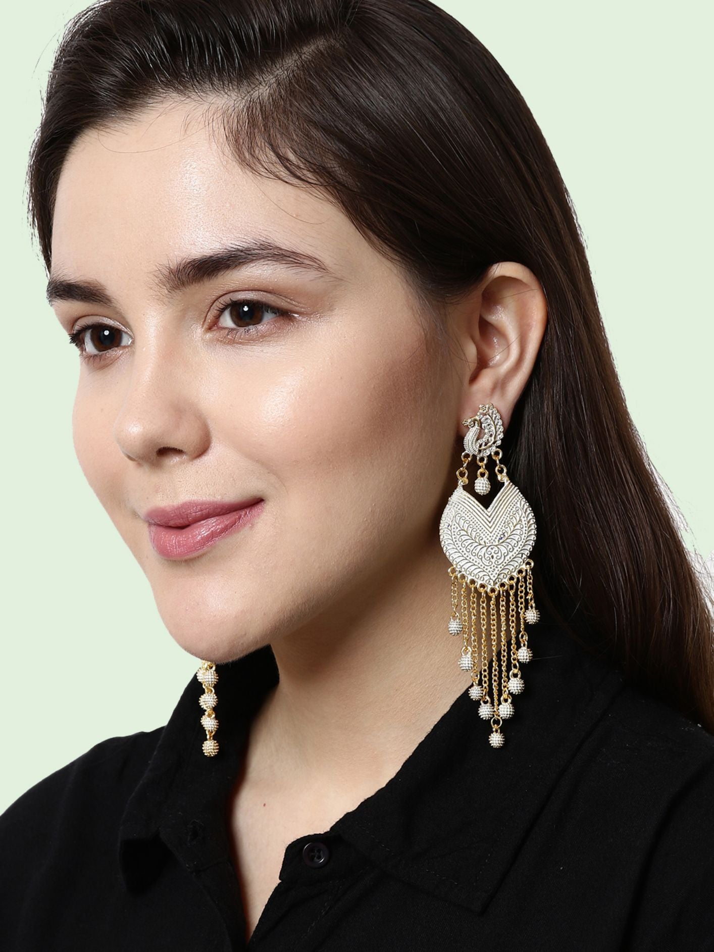 Women's White & Gold-Plated Enamelled Peacock Shaped Drop Earrings