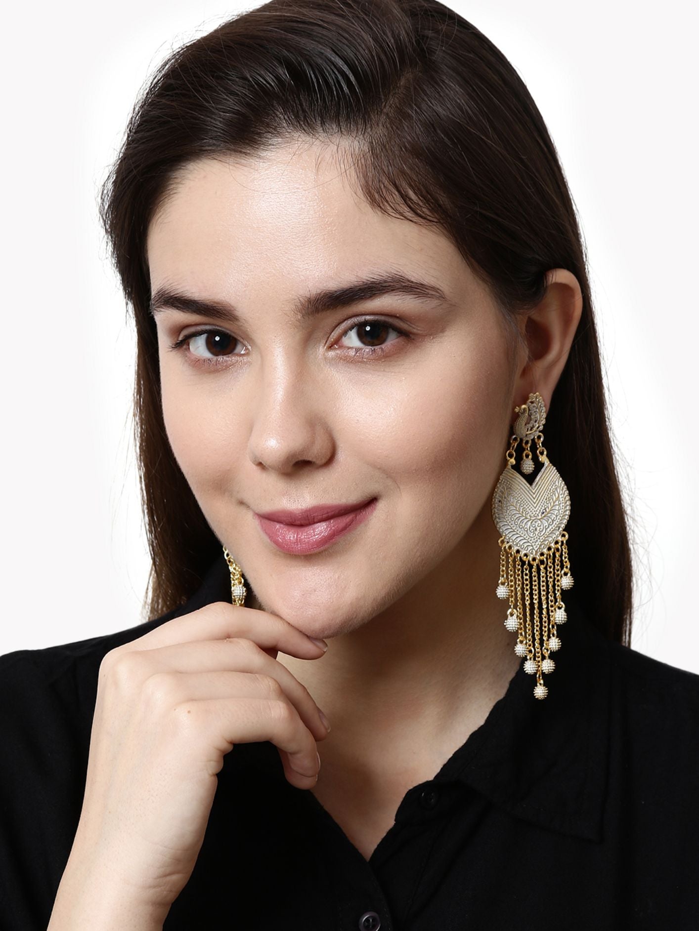 Women's White & Gold-Plated Enamelled Peacock Shaped Drop Earrings