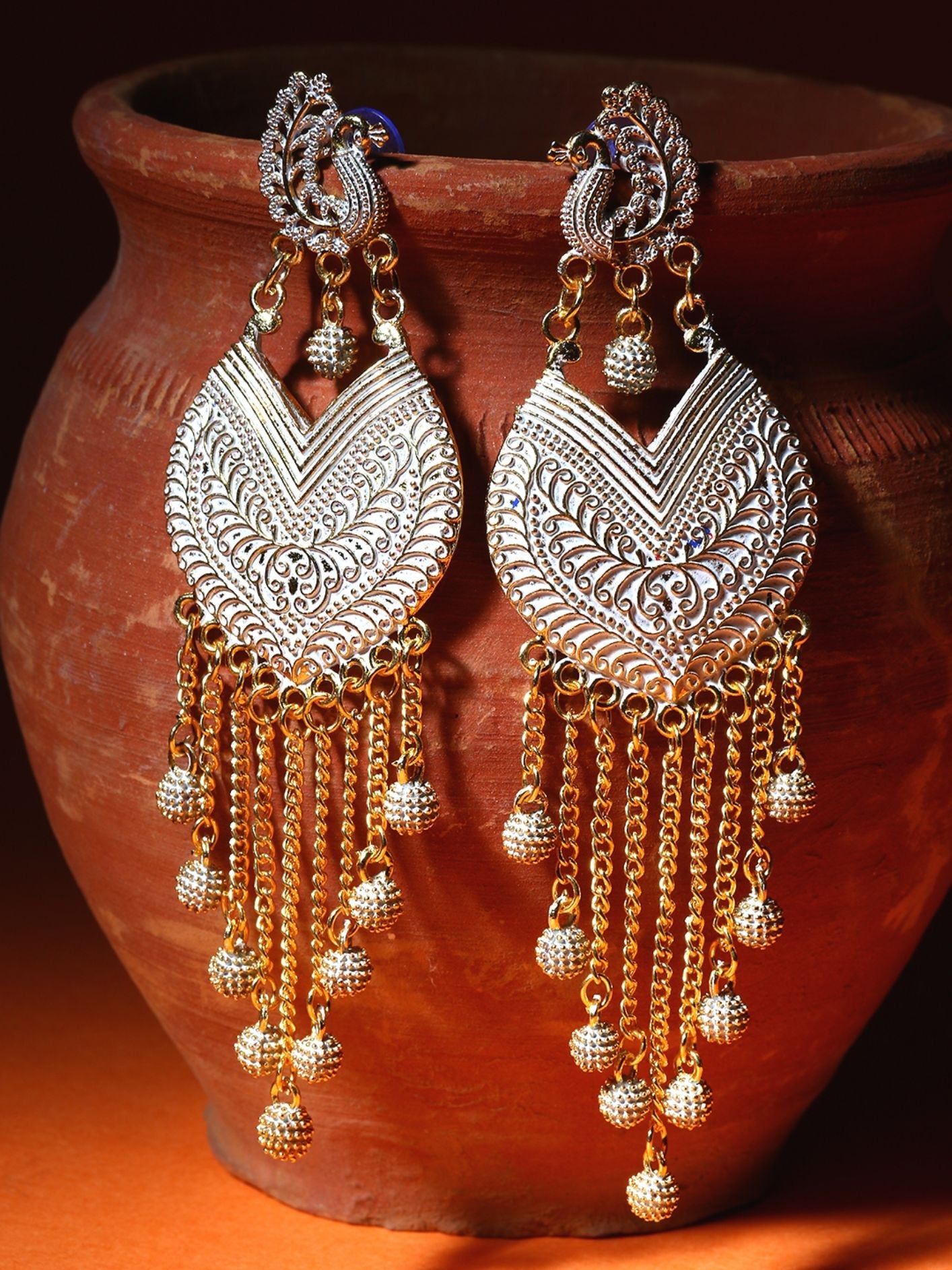 Women's White & Gold-Plated Enamelled Peacock Shaped Drop Earrings