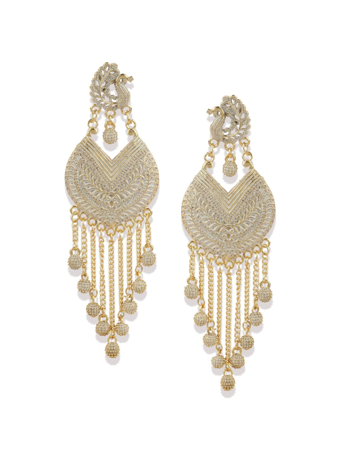 Women's White & Gold-Plated Enamelled Peacock Shaped Drop Earrings