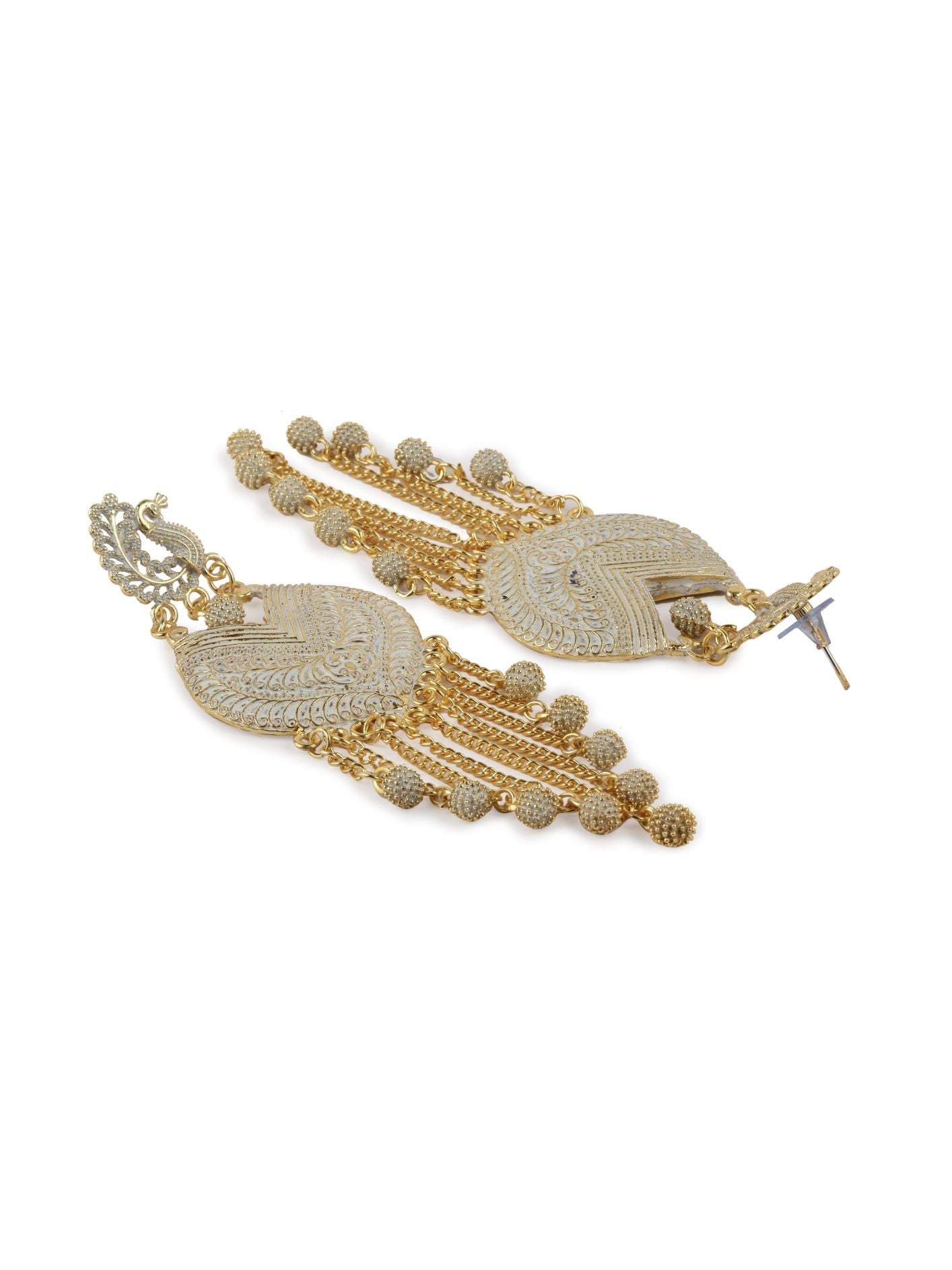 Women's White & Gold-Plated Enamelled Peacock Shaped Drop Earrings - Anikas Creation