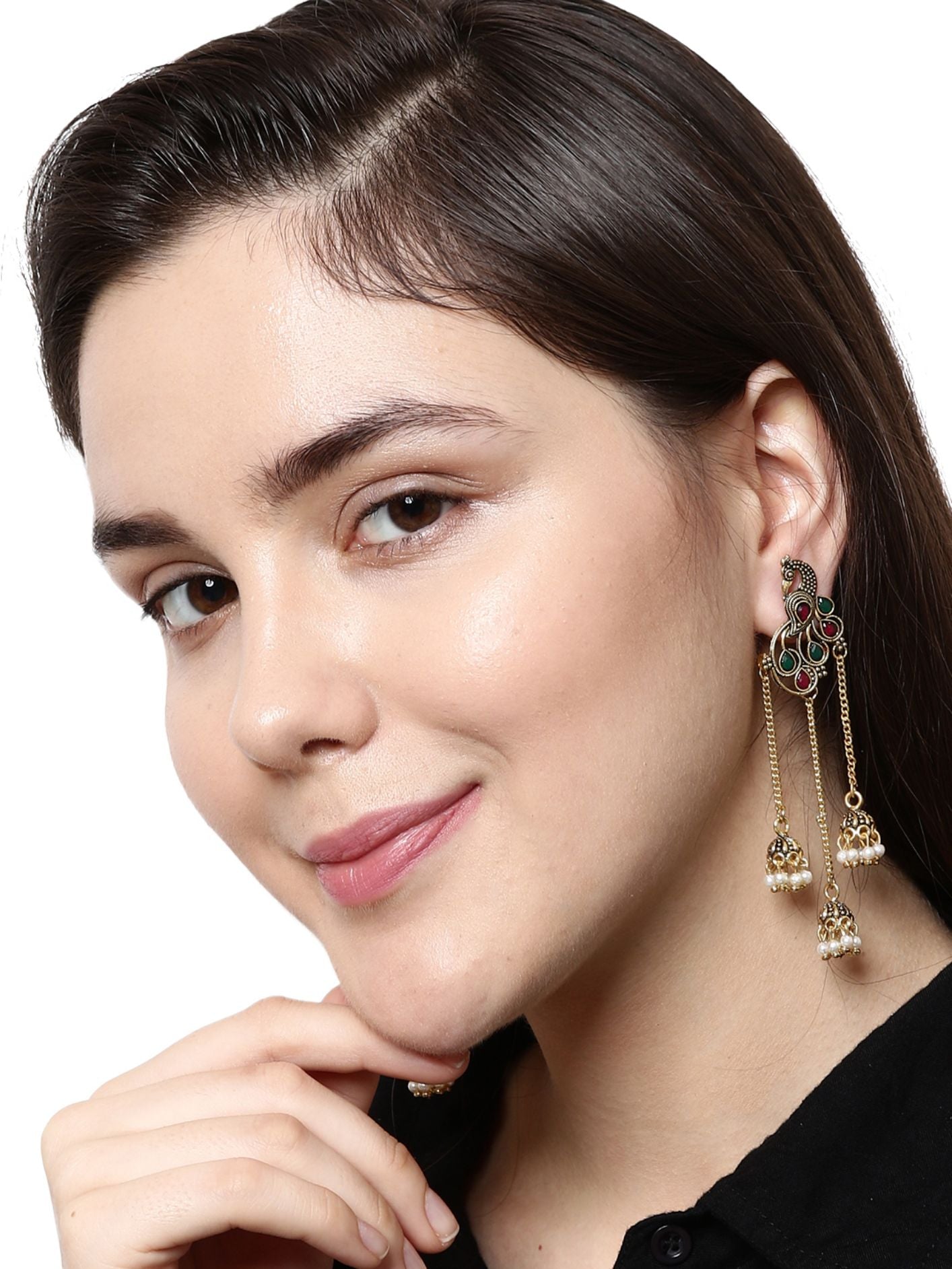 Women's Gold Plated & Red Enamelled Peacock Shaped Drop Earrings