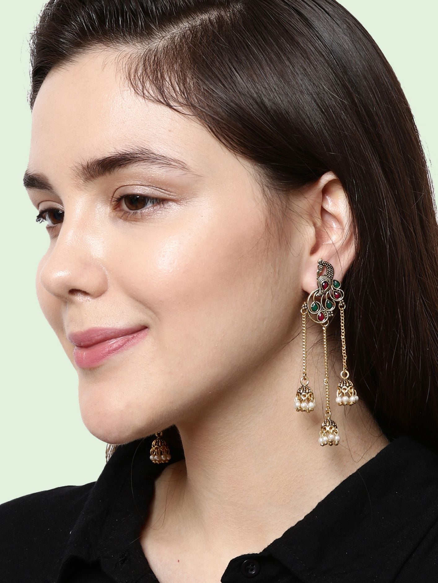 Women's Gold Plated & Red Enamelled Peacock Shaped Drop Earrings - Anikas Creation