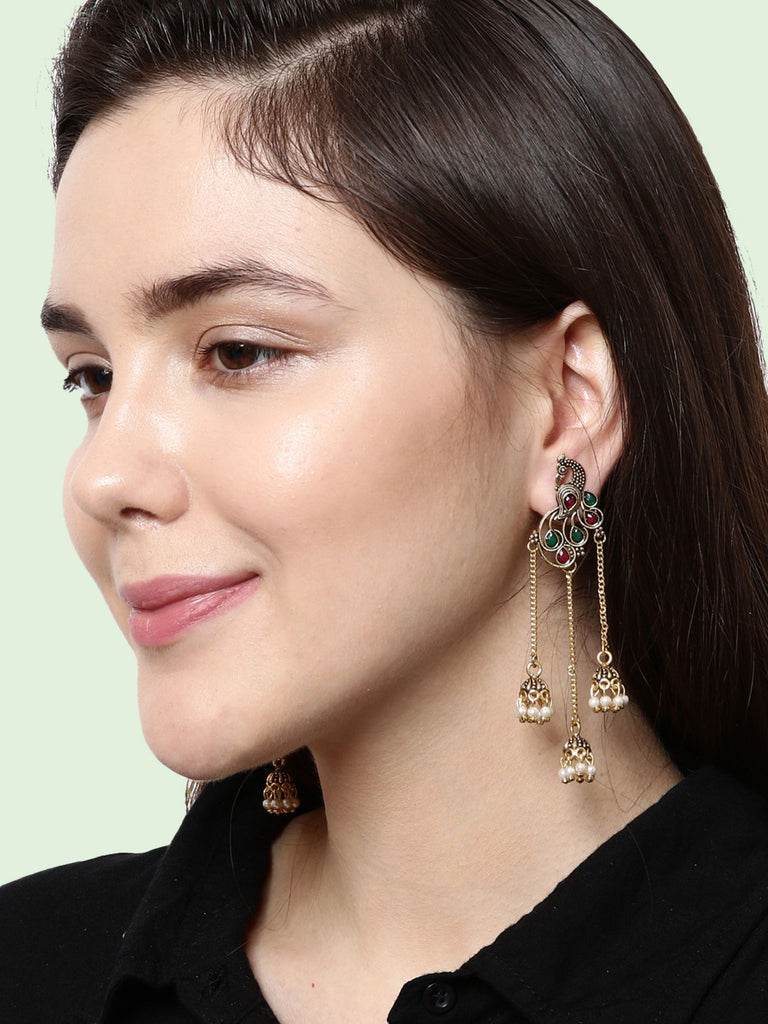 Women's Gold Plated & Red Enamelled Peacock Shaped Drop Earrings