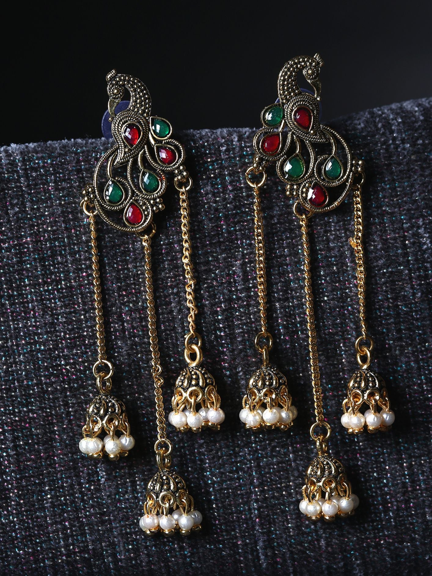 Women's Gold Plated & Red Enamelled Peacock Shaped Drop Earrings - Anikas Creation