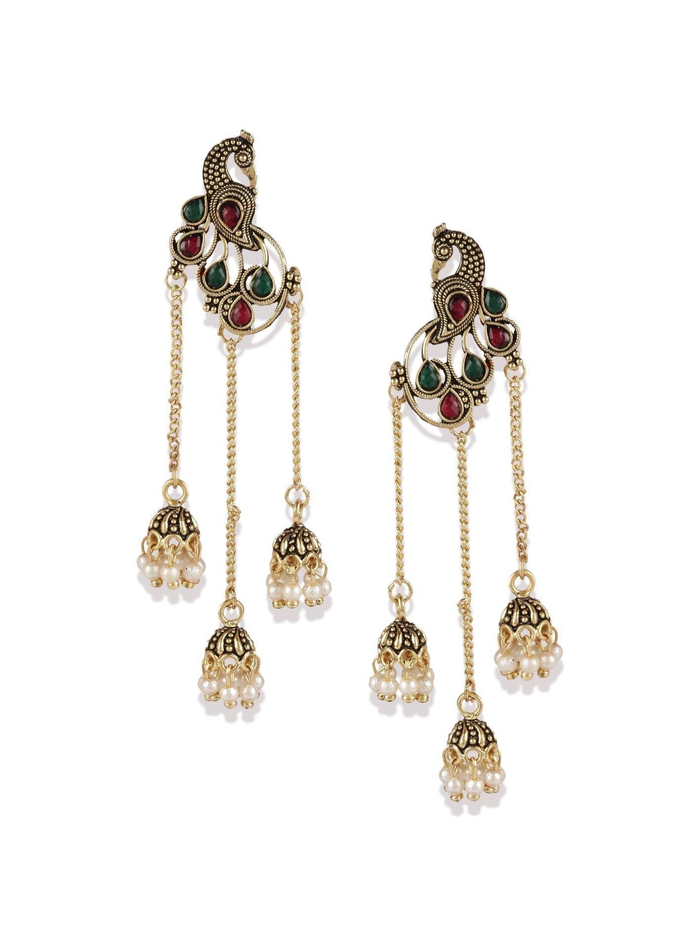 Women's Gold Plated & Red Enamelled Peacock Shaped Drop Earrings
