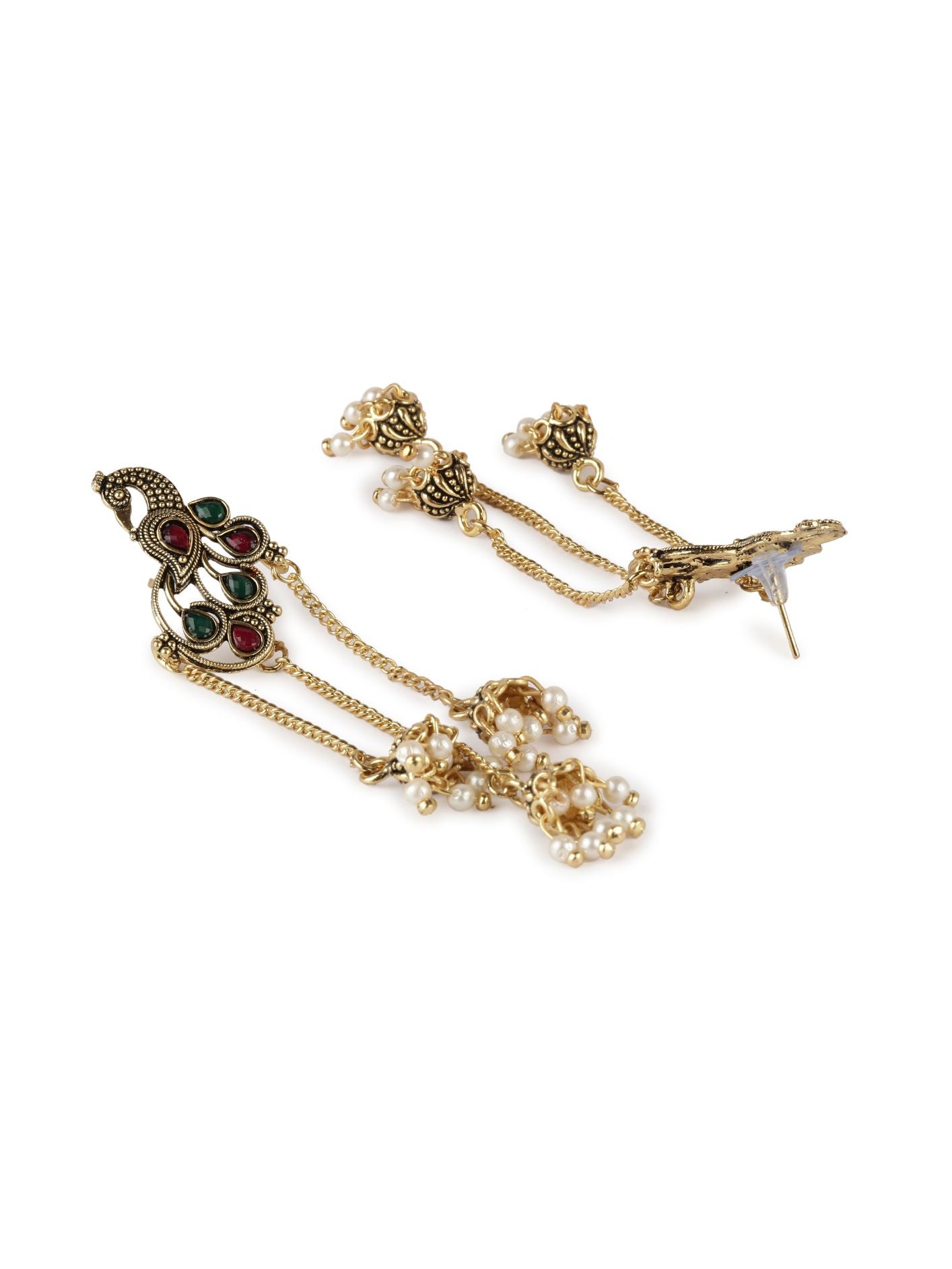 Women's Gold Plated & Red Enamelled Peacock Shaped Drop Earrings