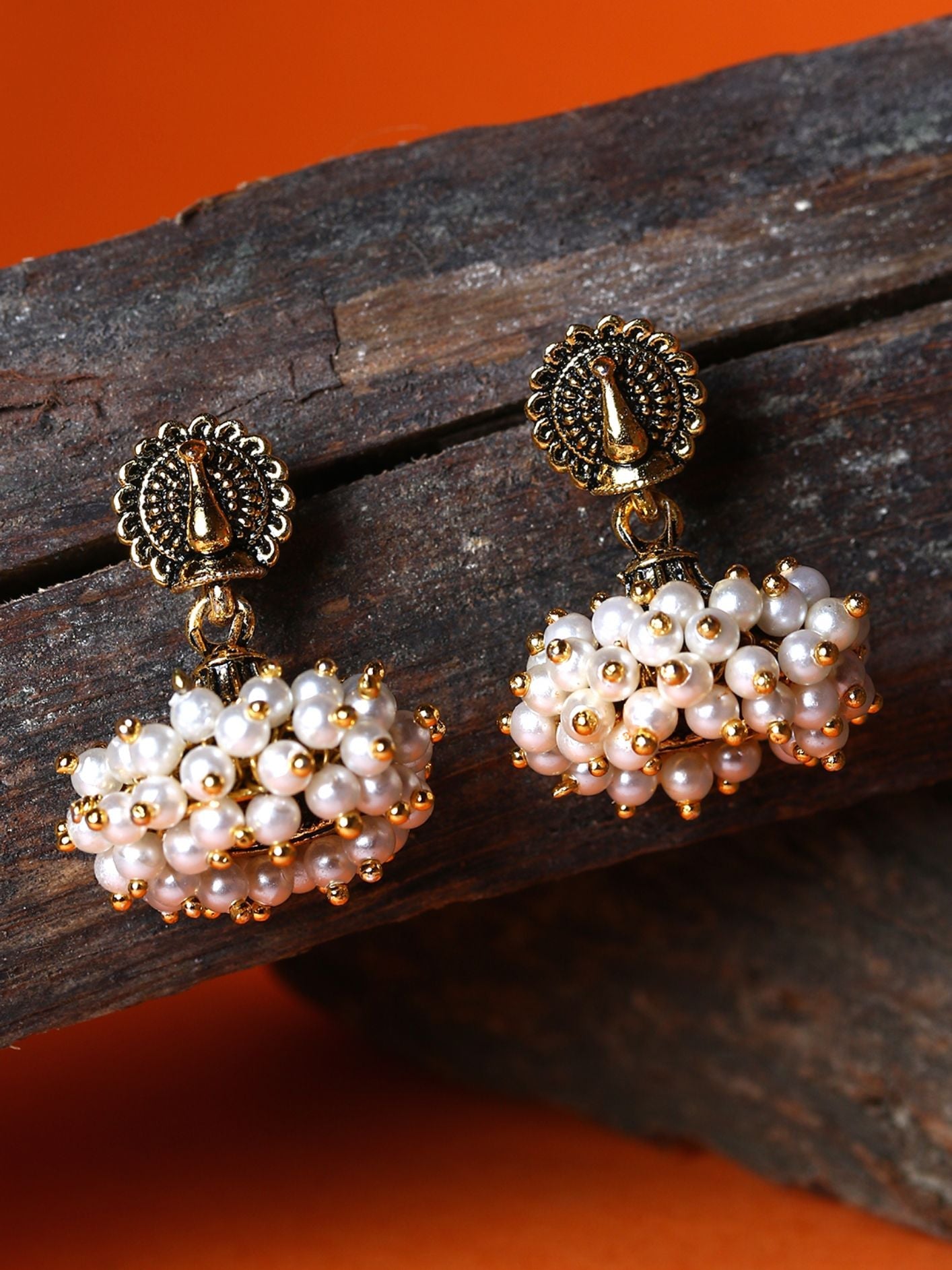 Women's Gold Plated & Off-White Enamelled Peacock Shaped Jhumkas