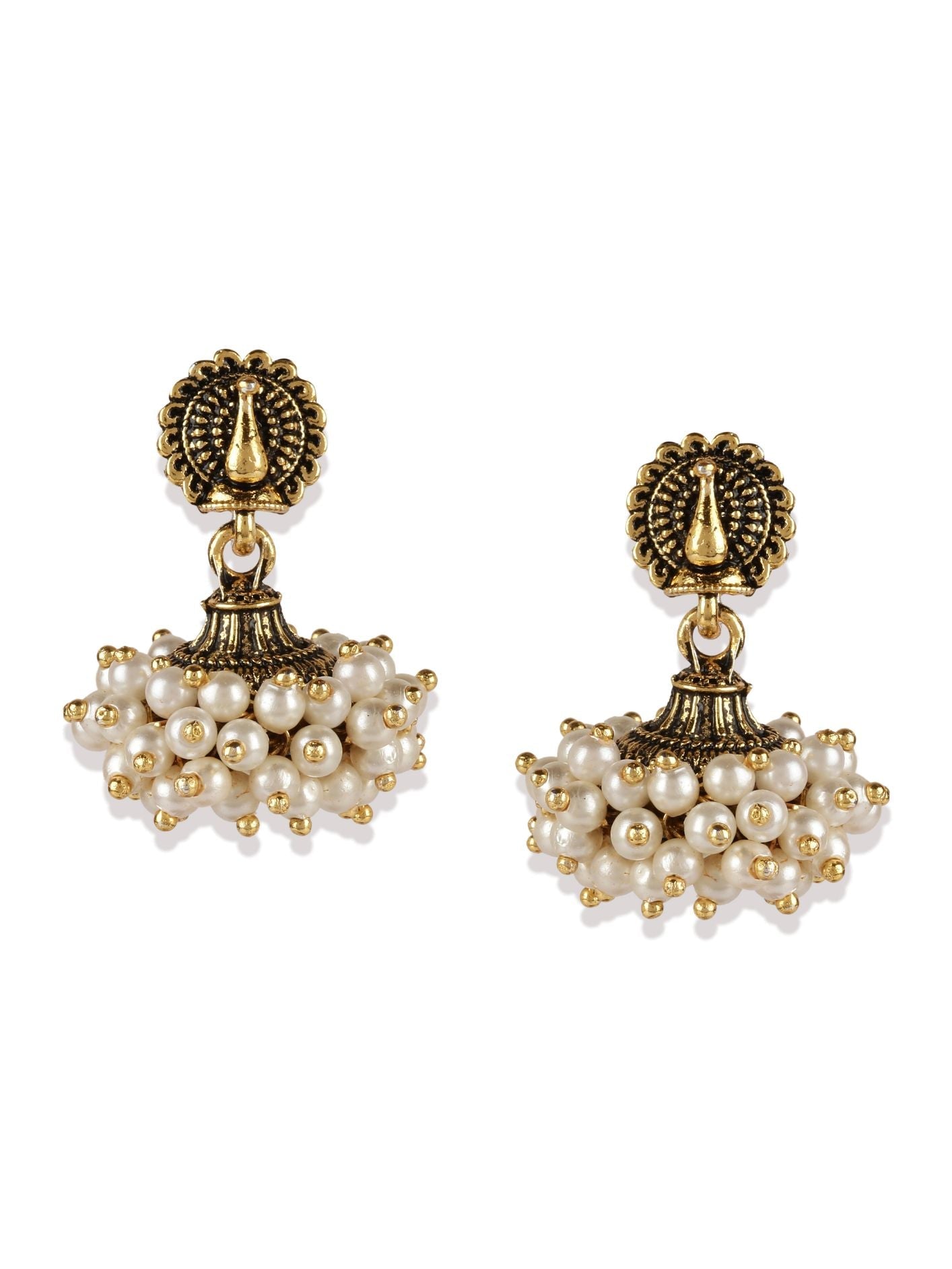 Women's Gold Plated & Off-White Enamelled Peacock Shaped Jhumkas