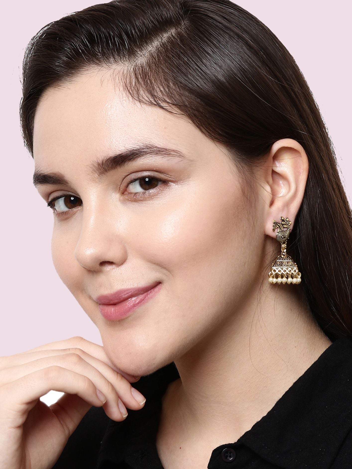 Women's Gold Plated Black Peacock Shaped Enamelled Jhumkas