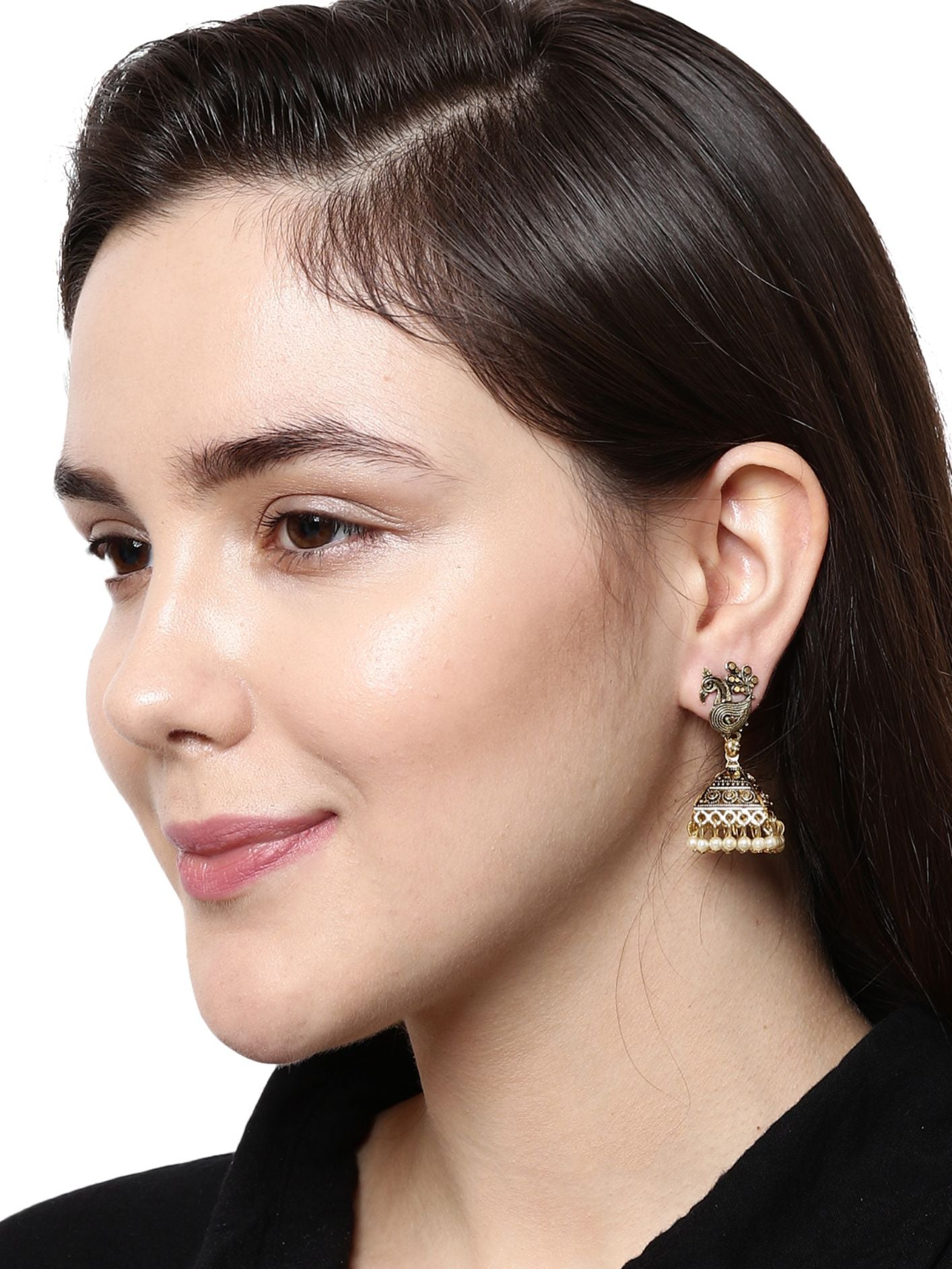 Women's Gold Plated Black Peacock Shaped Enamelled Jhumkas