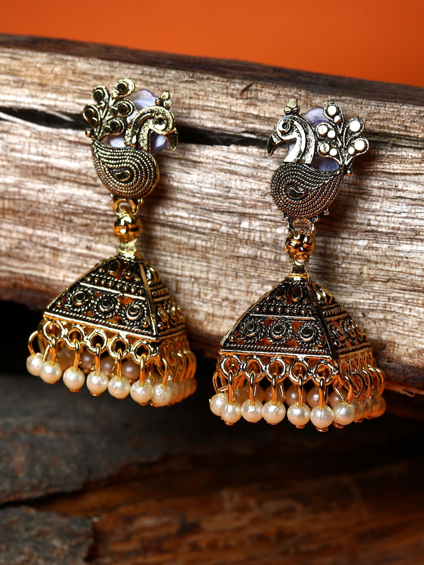 Women's Gold Plated Black Peacock Shaped Enamelled Jhumkas