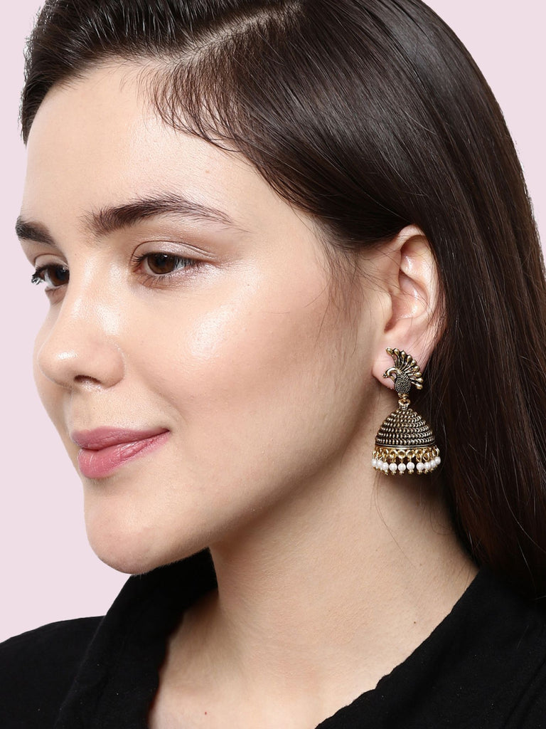 Women's Gold Plated & Black Dome Shaped Enamelled Jhumkas