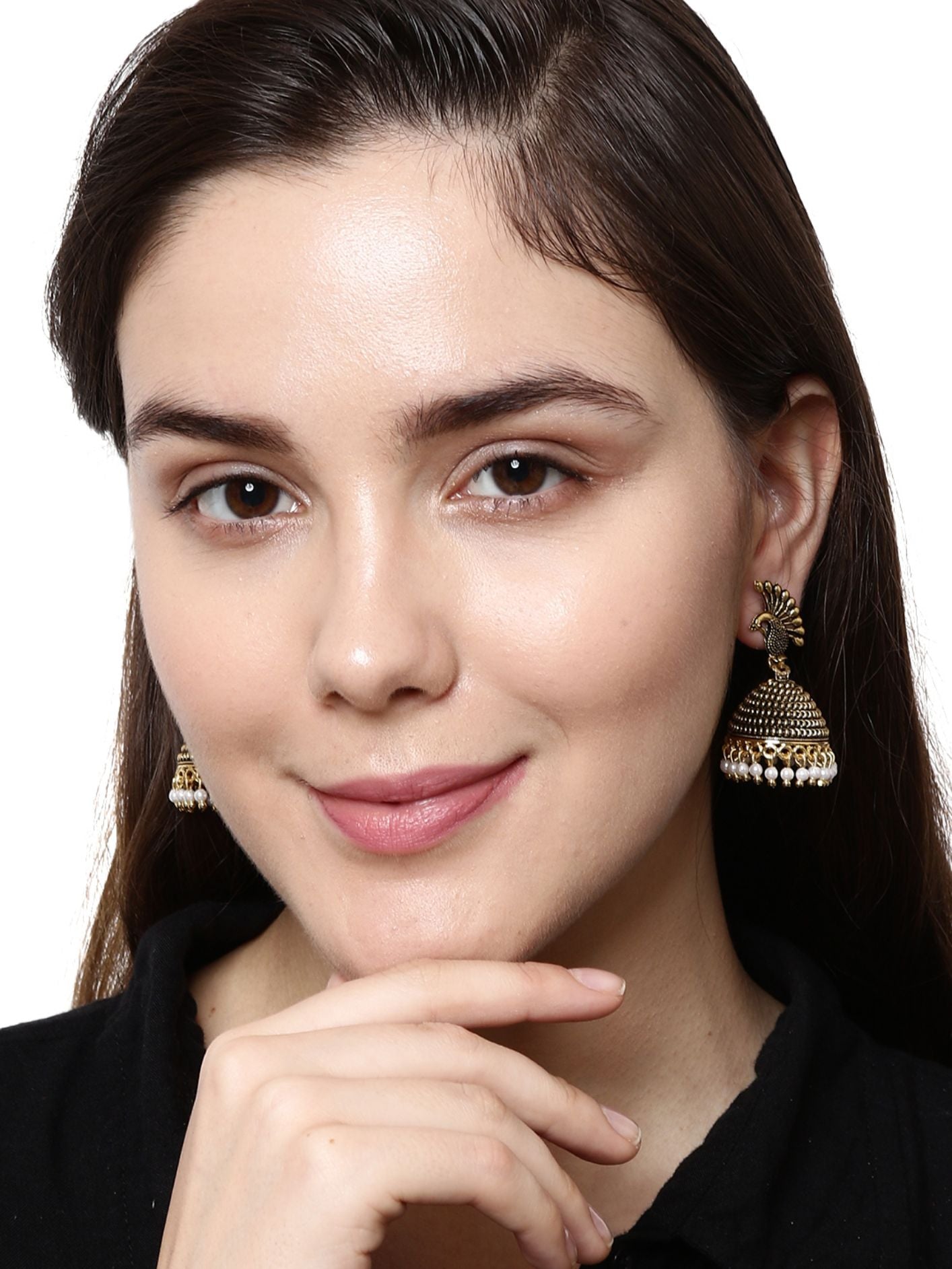 Women's Gold Plated & Black Dome Shaped Enamelled Jhumkas