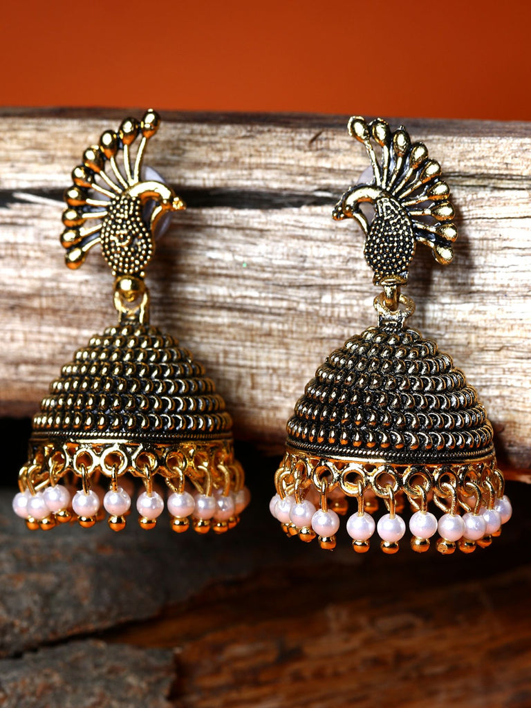 Women's Gold Plated & Black Dome Shaped Enamelled Jhumkas