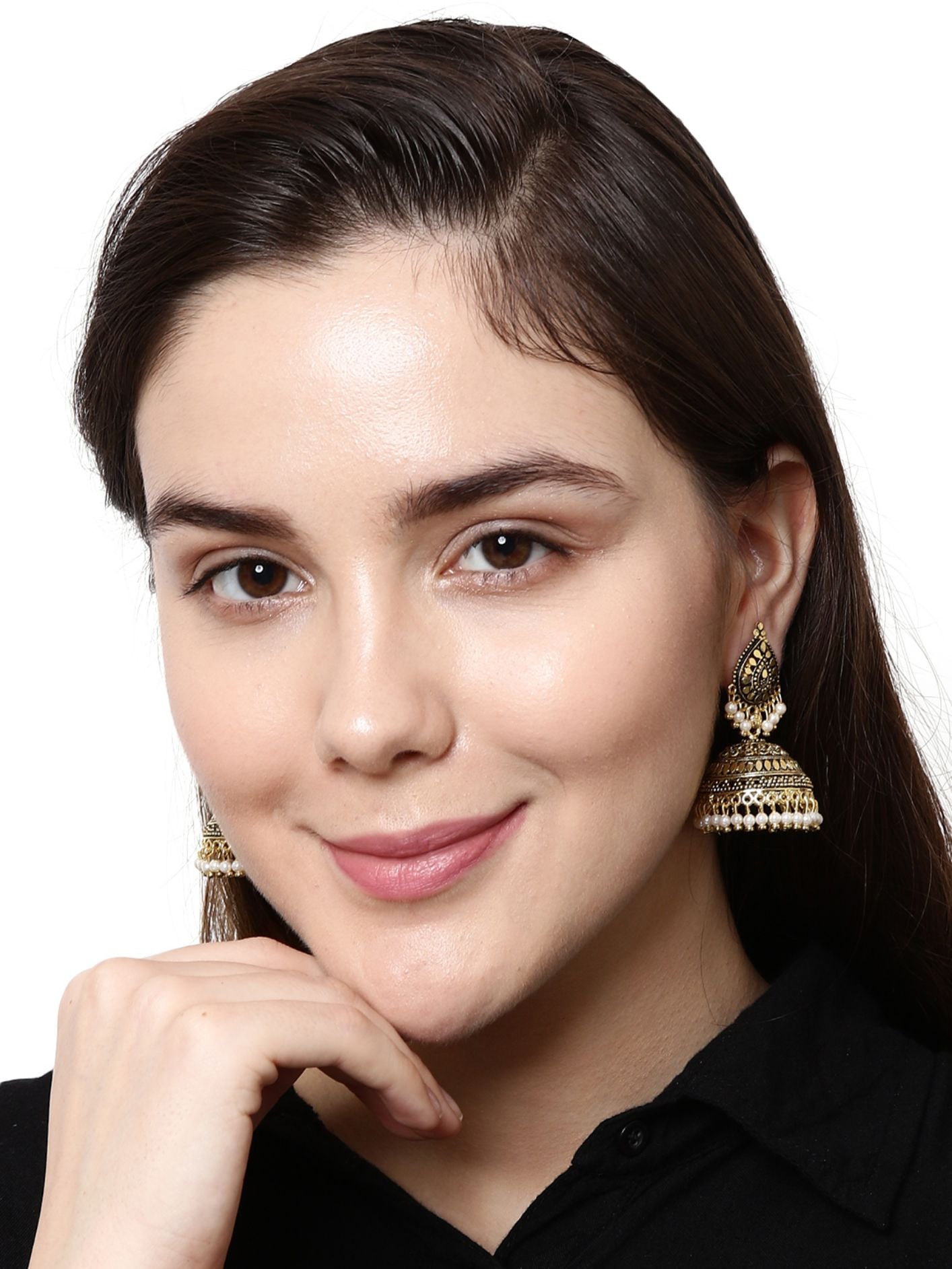 Women's Gold Plated & White Dome Shaped Enamelled Jhumkas