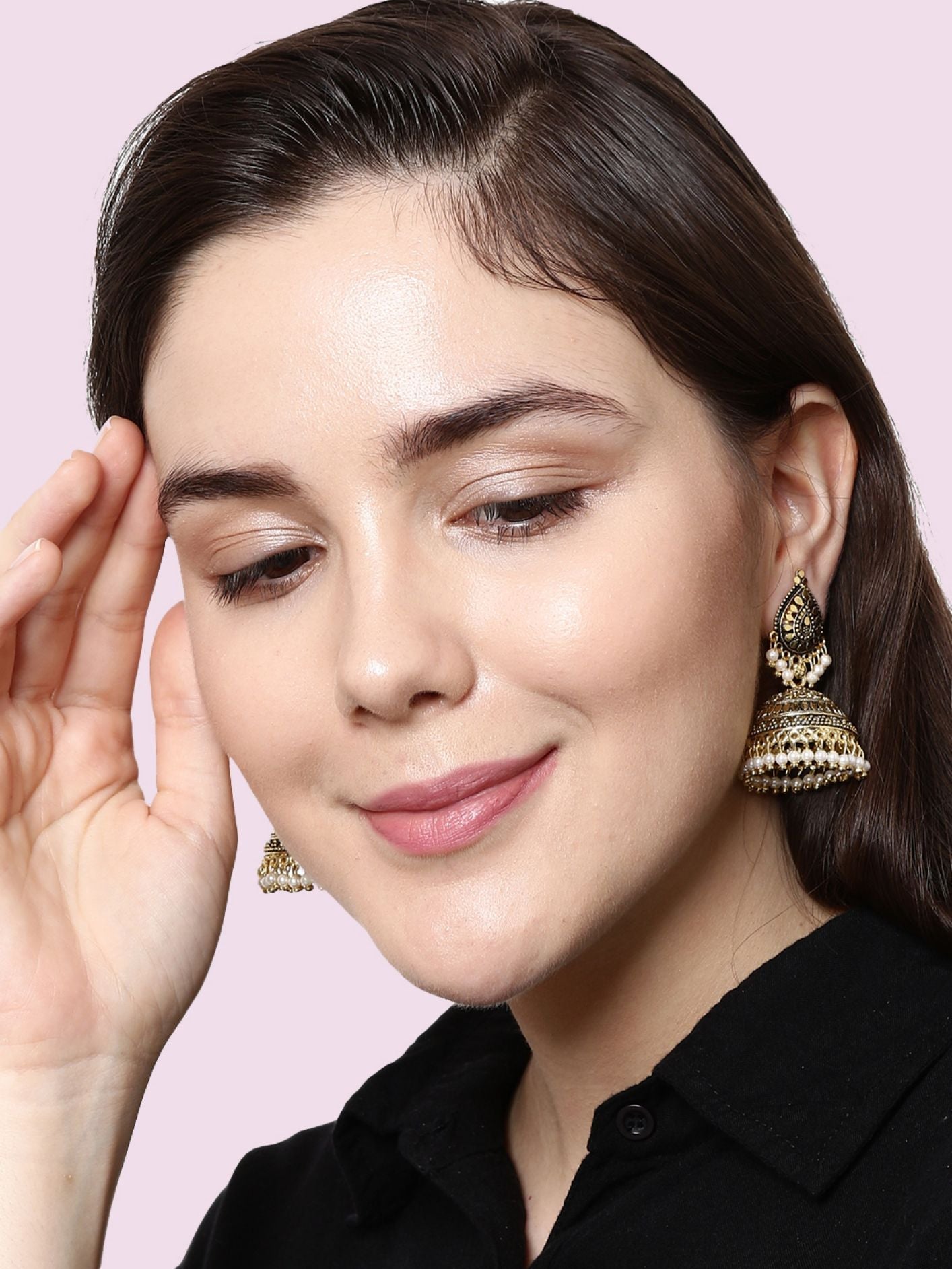 Women's Gold Plated & White Dome Shaped Enamelled Jhumkas