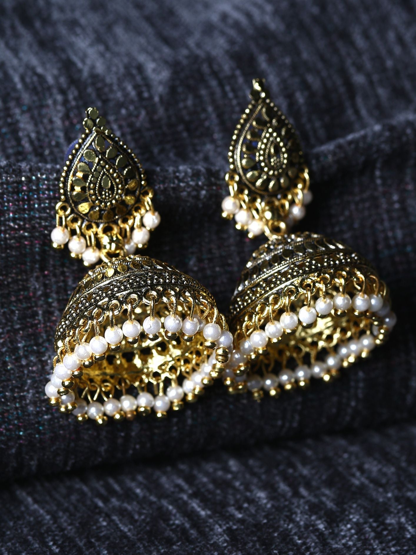 Women's Gold Plated & White Dome Shaped Enamelled Jhumkas