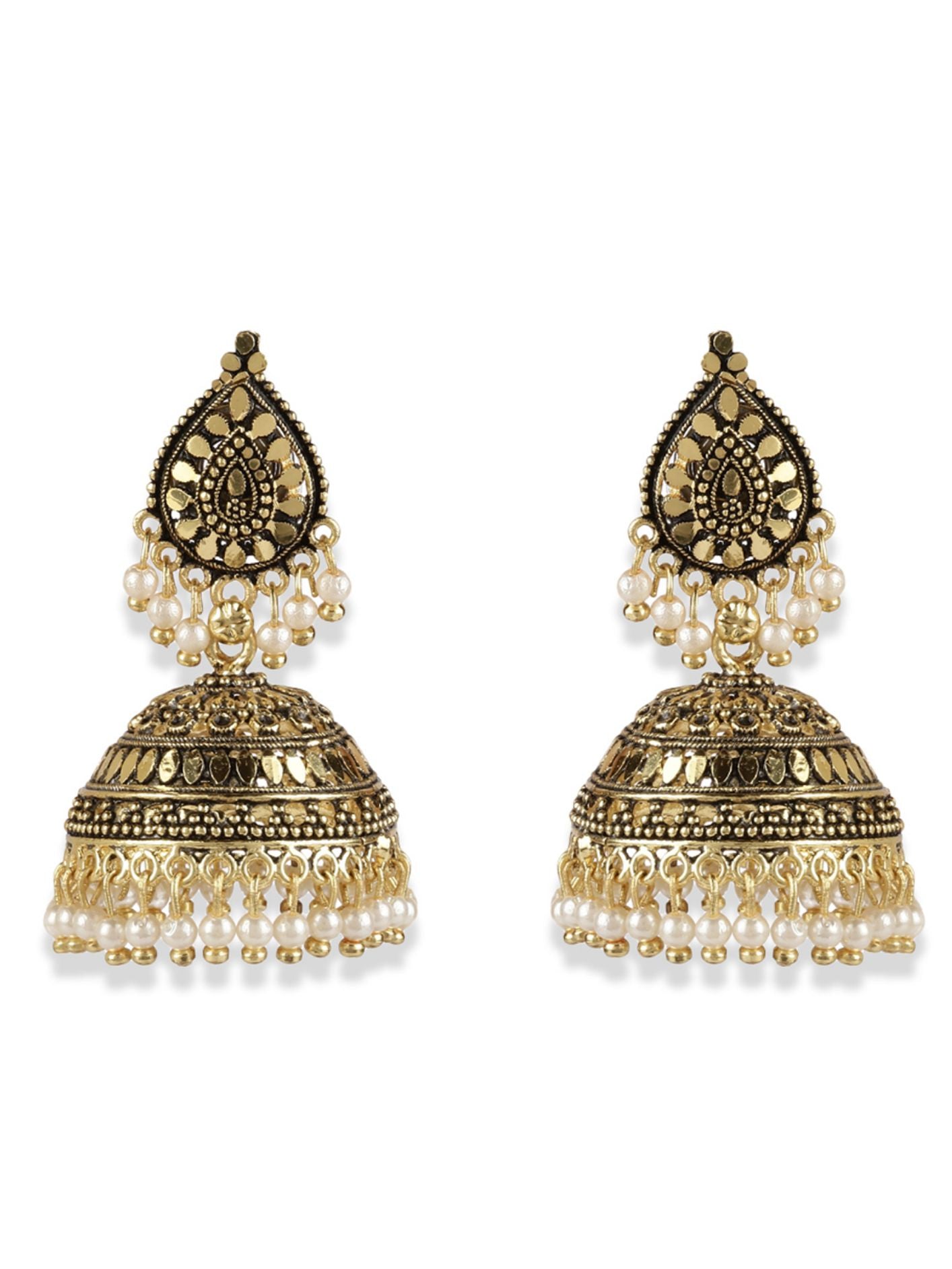 Women's Gold Plated & White Dome Shaped Enamelled Jhumkas