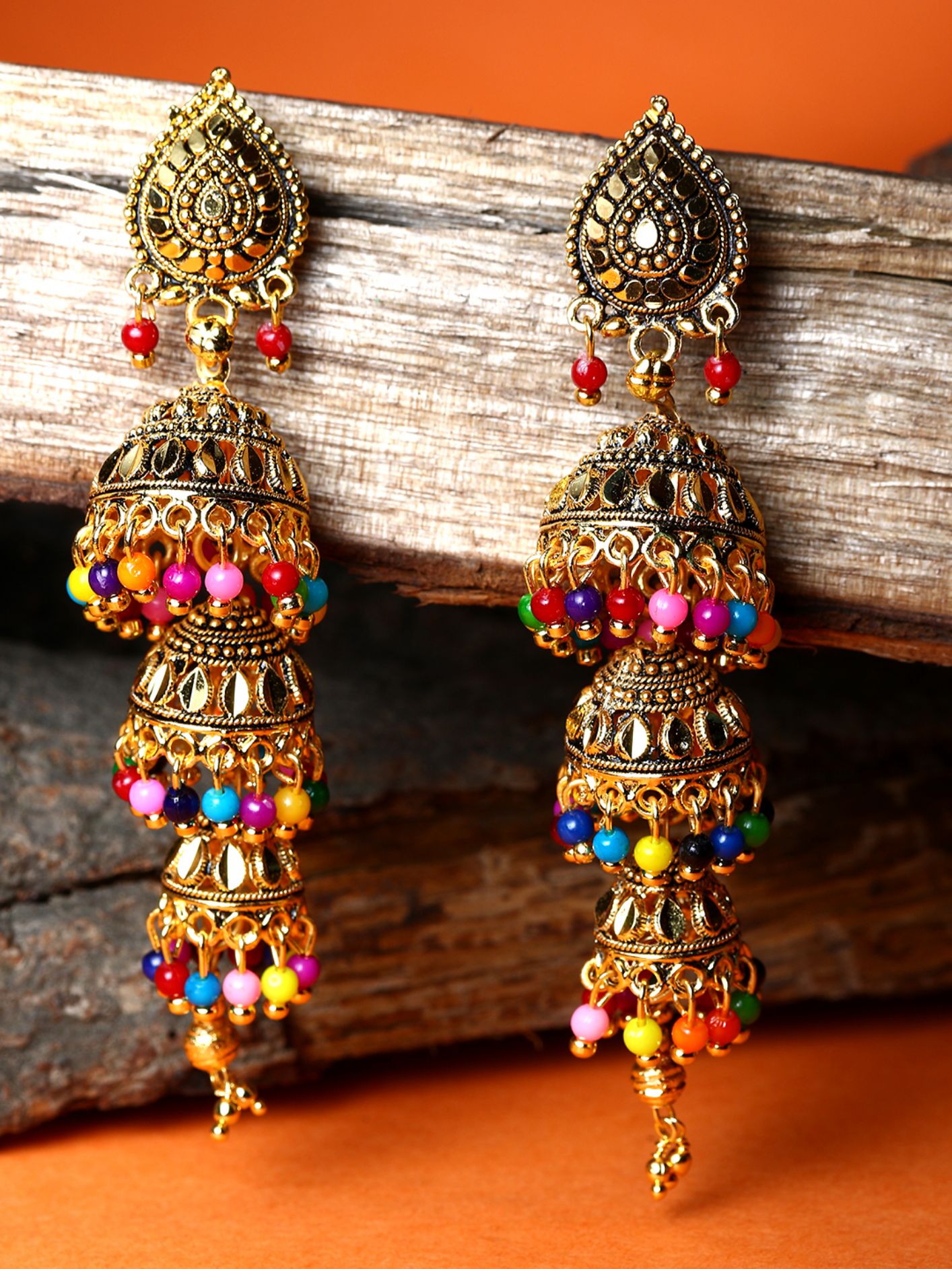 Women's Multicoloured & Gold-Plated Enamelled Dome Shaped Jhumkas - Anikas Creation