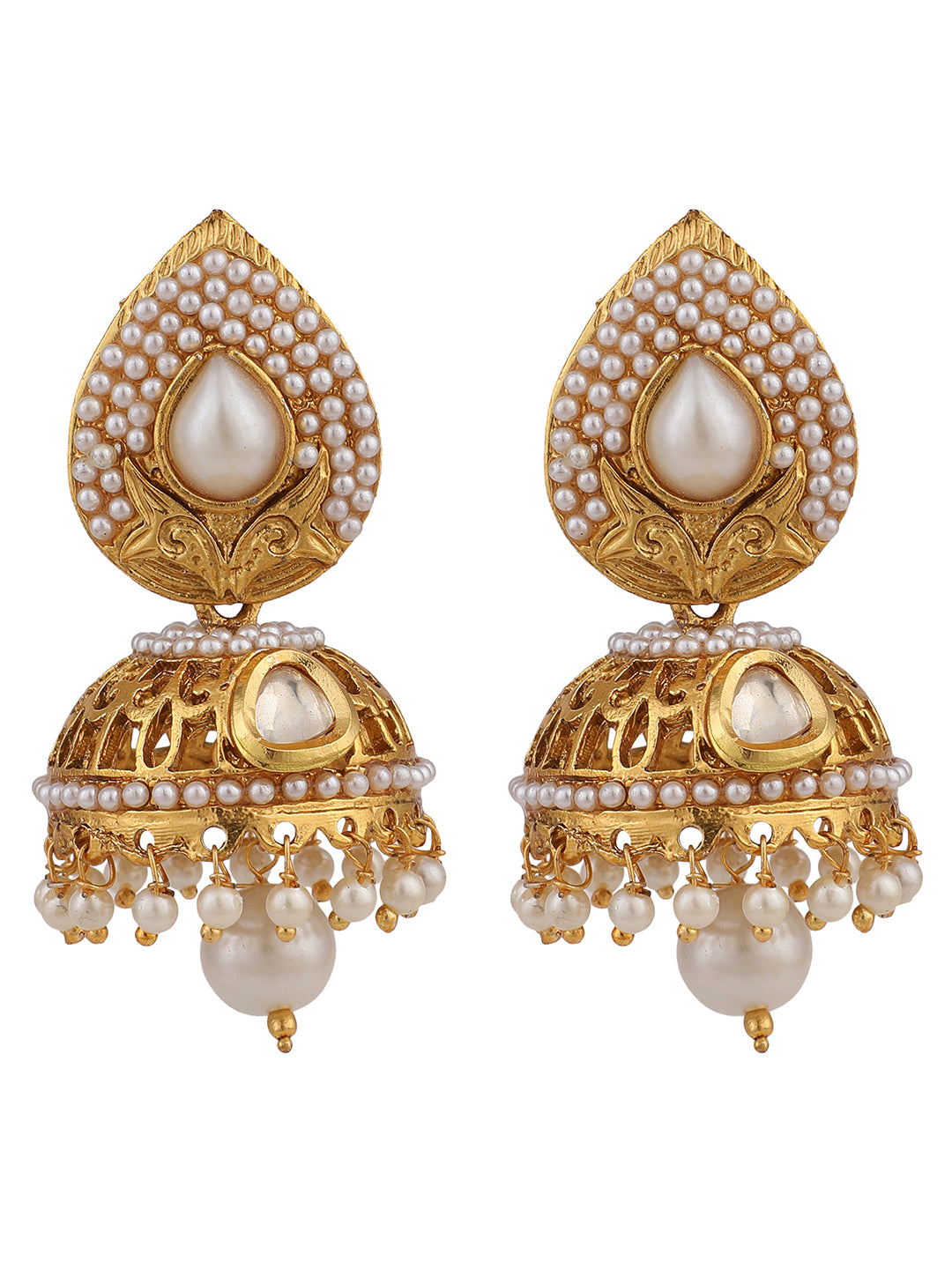 Women's Gold Plated White Pearl Brass Traditional Jhumka earring