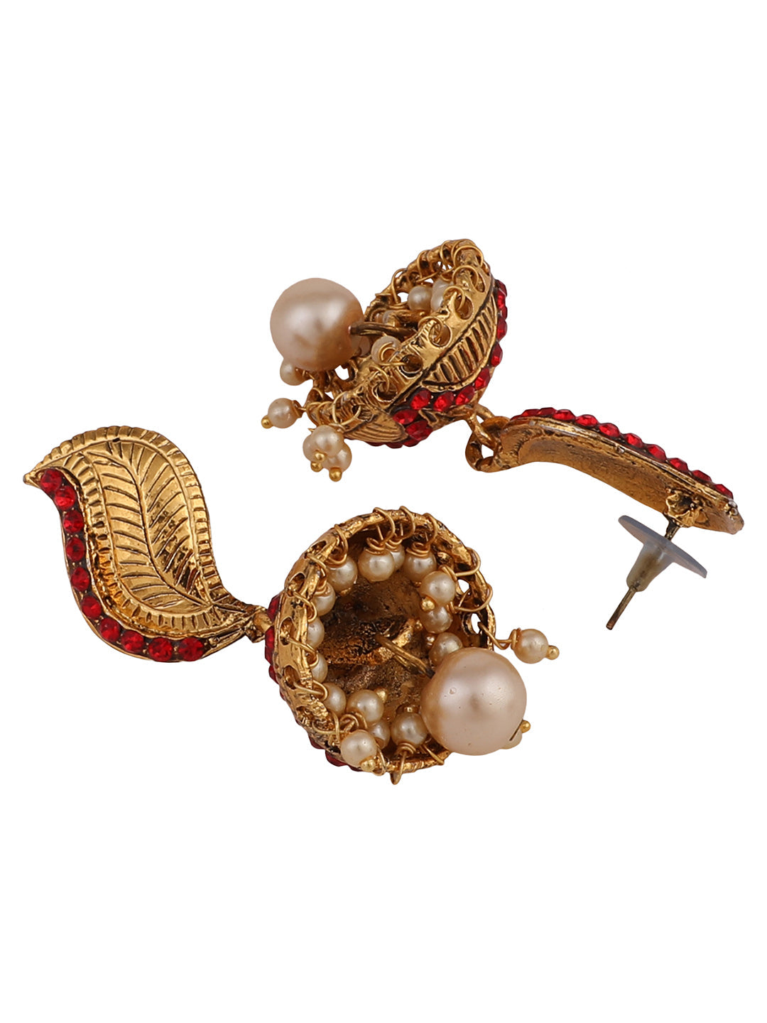 Women's Gold-Toned & Red Stone Studded & Beaded Dome Shaped Jhumkas Earrings