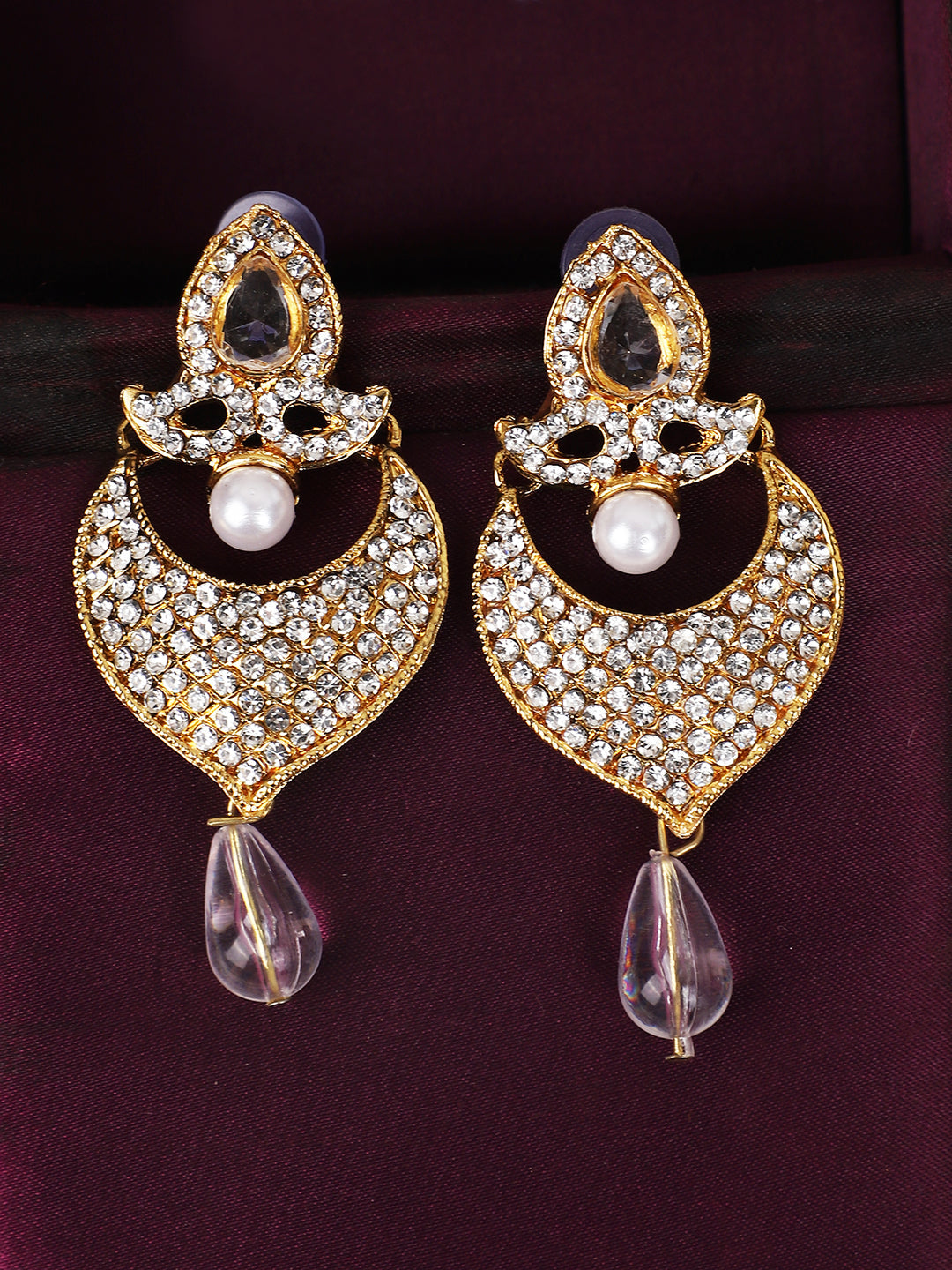 Women's Gold-Toned White Stone & Pearl Studded Contemporary Chandbalis