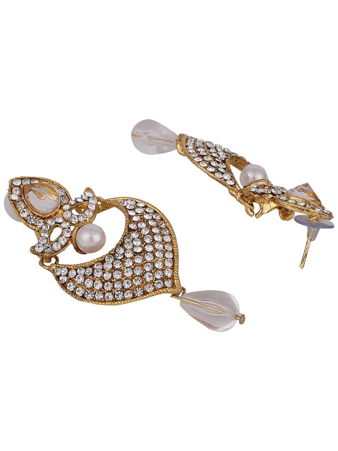 Women's Gold-Toned White Stone & Pearl Studded Contemporary Chandbalis