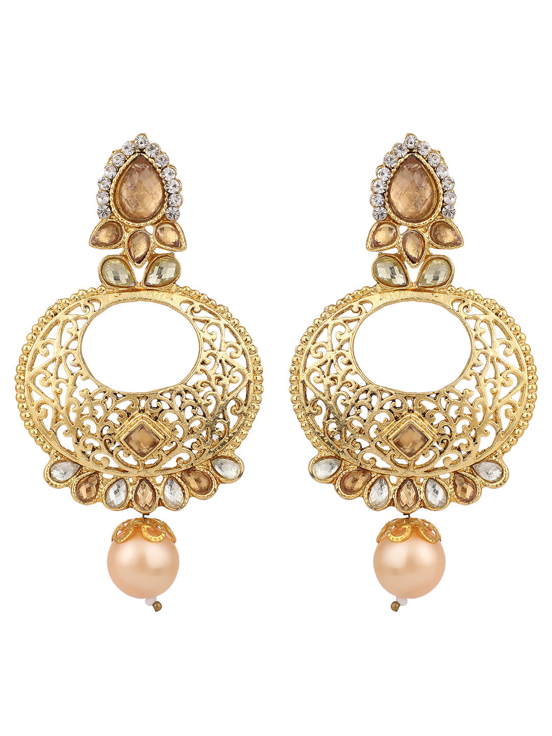 Women's Gold Tone Contemporary LCT Stone and Pearl Brass Chandbali Earring