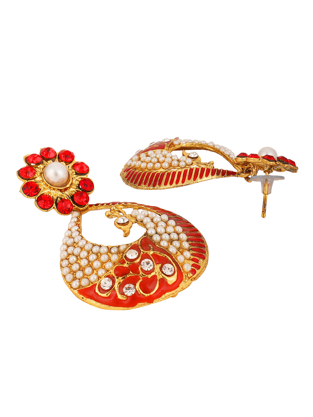 Women's Gold Tone Red Meenakari Peacock Design Stylish Pear And Stone Earring