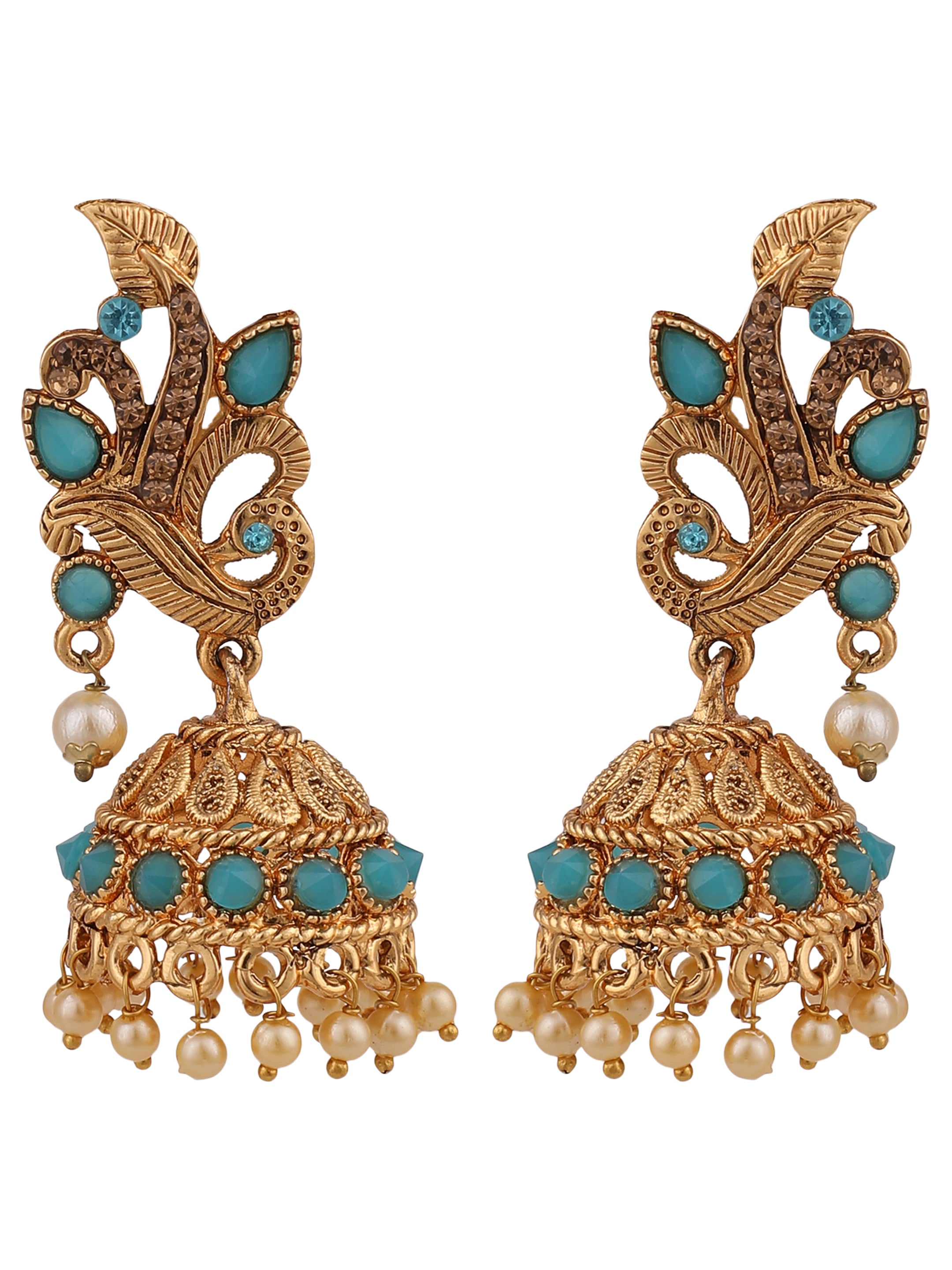 Women's Gold Tone Traditional Brass Turquoise Stone Studded Jhumka/Jhumki
