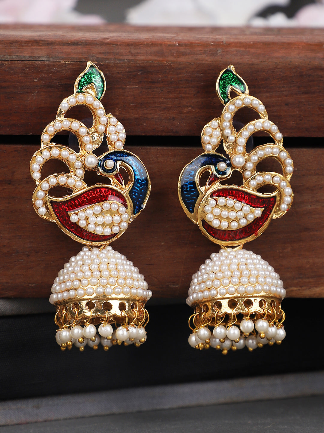 Women's Off-White & Multicolour Meenakari Pearcock Pearl Traditional Brass jhumka Earring
